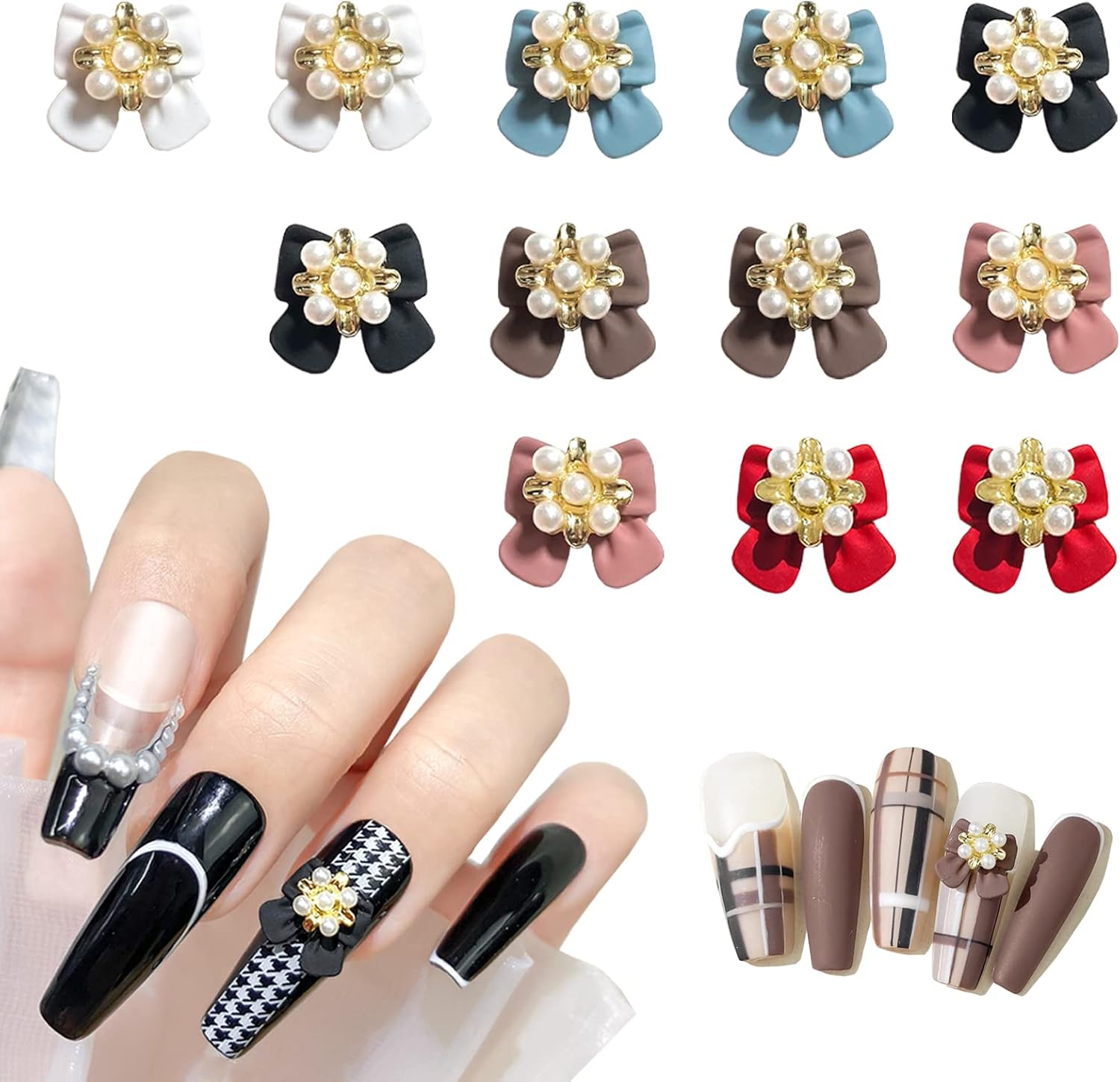Eseres 12 dijes de uñas Kawaii 3D con lazo para uñas, de aleación colorida, lazo de perlas, accesorio de uñas para mujeres y niñas, decoración de