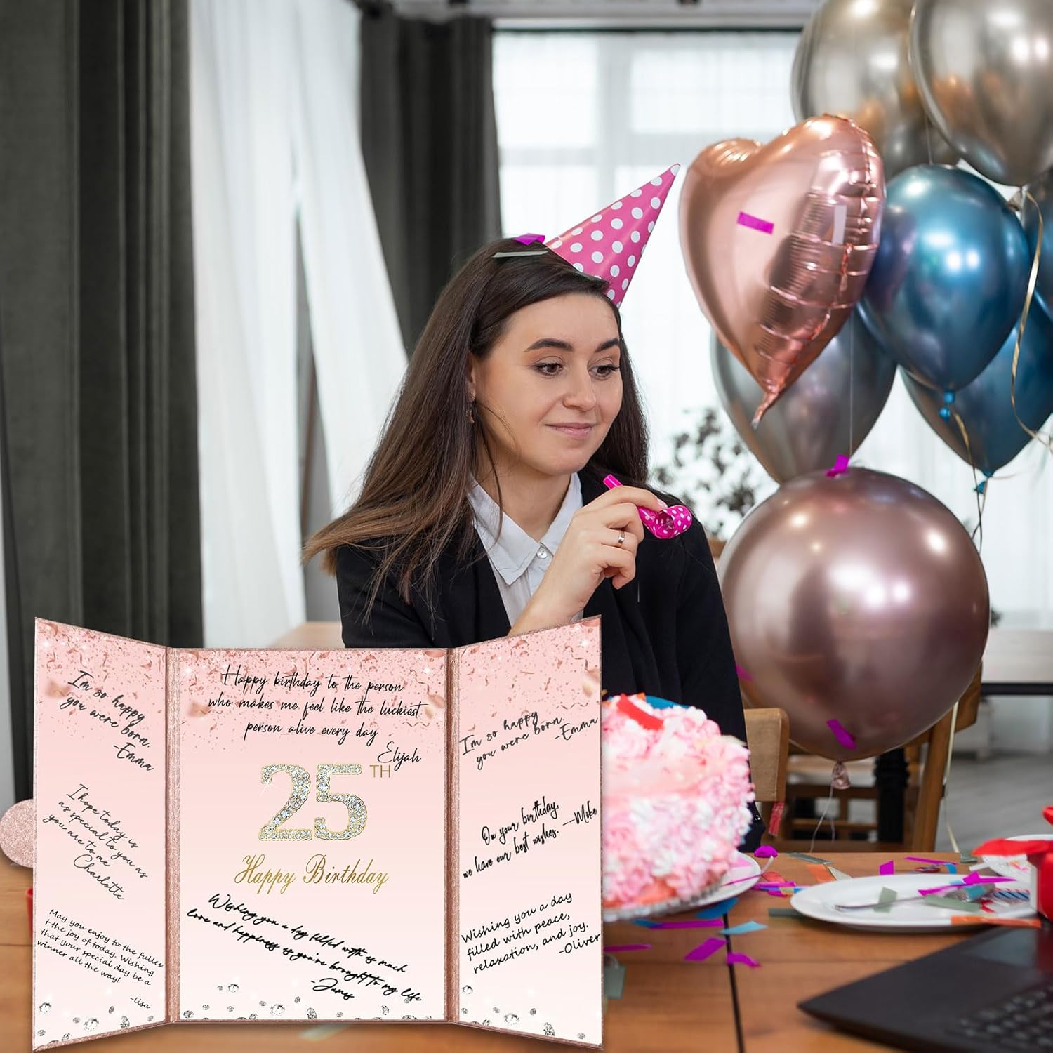 Crenics Decoraciones de oro rosa para cumpleaños número 25, alternativa creativa de libro de inicio de sesión de invitada de cumpleaños de 25, libro