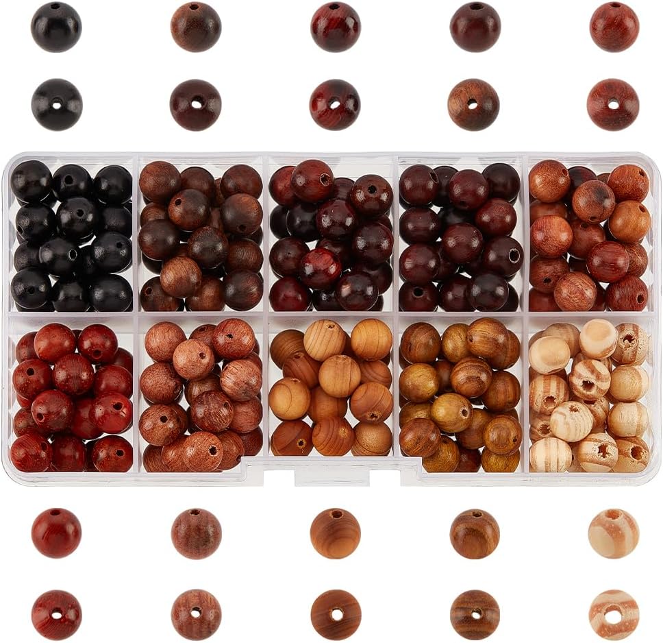 PH PandaHall 200 cuentas de madera natural de 10 colores de 0.315 pulgadas redondas sueltas a granel, cuentas de madera natural surtidas para hacer