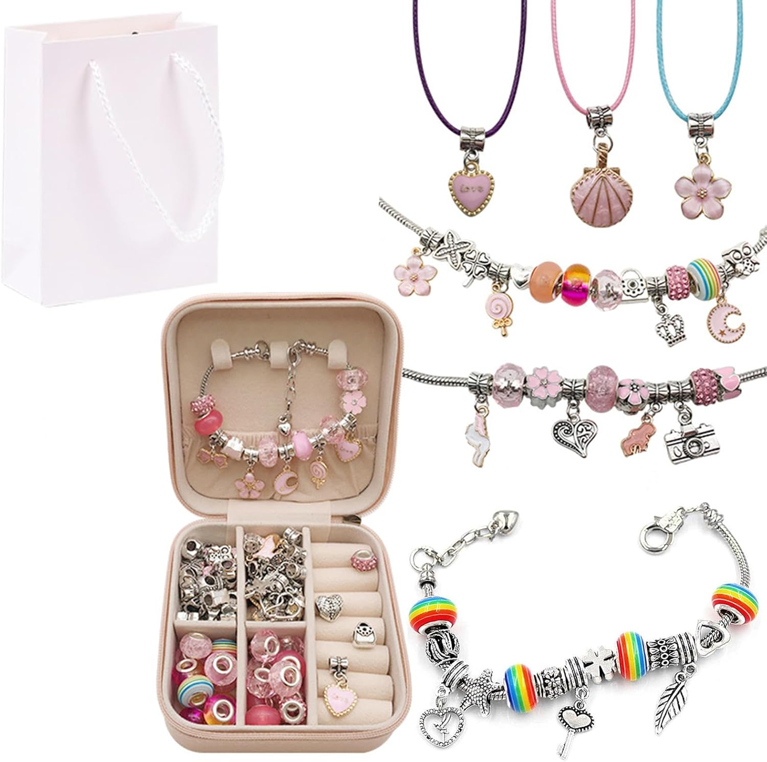 BetterJonny Juego de 66 pulseras de dijes, kit de fabricación de joyas de cristal, abalorios con cuentas para niñas, con caja de joyería y bolsa de