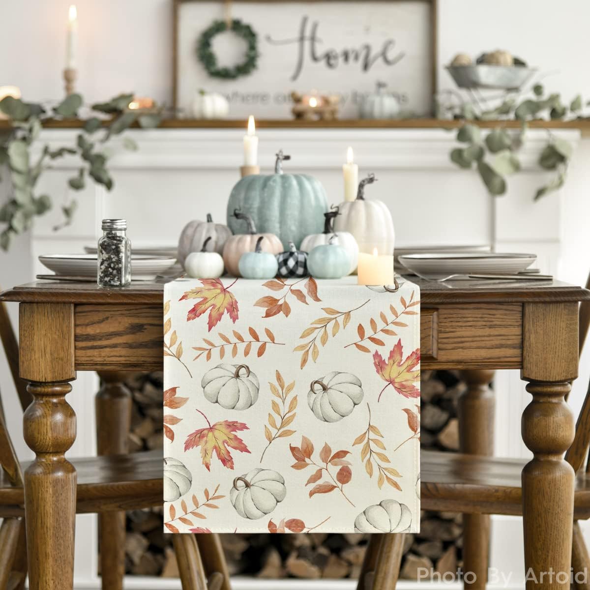 Artoid Mode Camino de mesa de otoño con calabazas naranjas, hojas de arce, decoración de mesa de comedor de cocina de otoño de temporada para