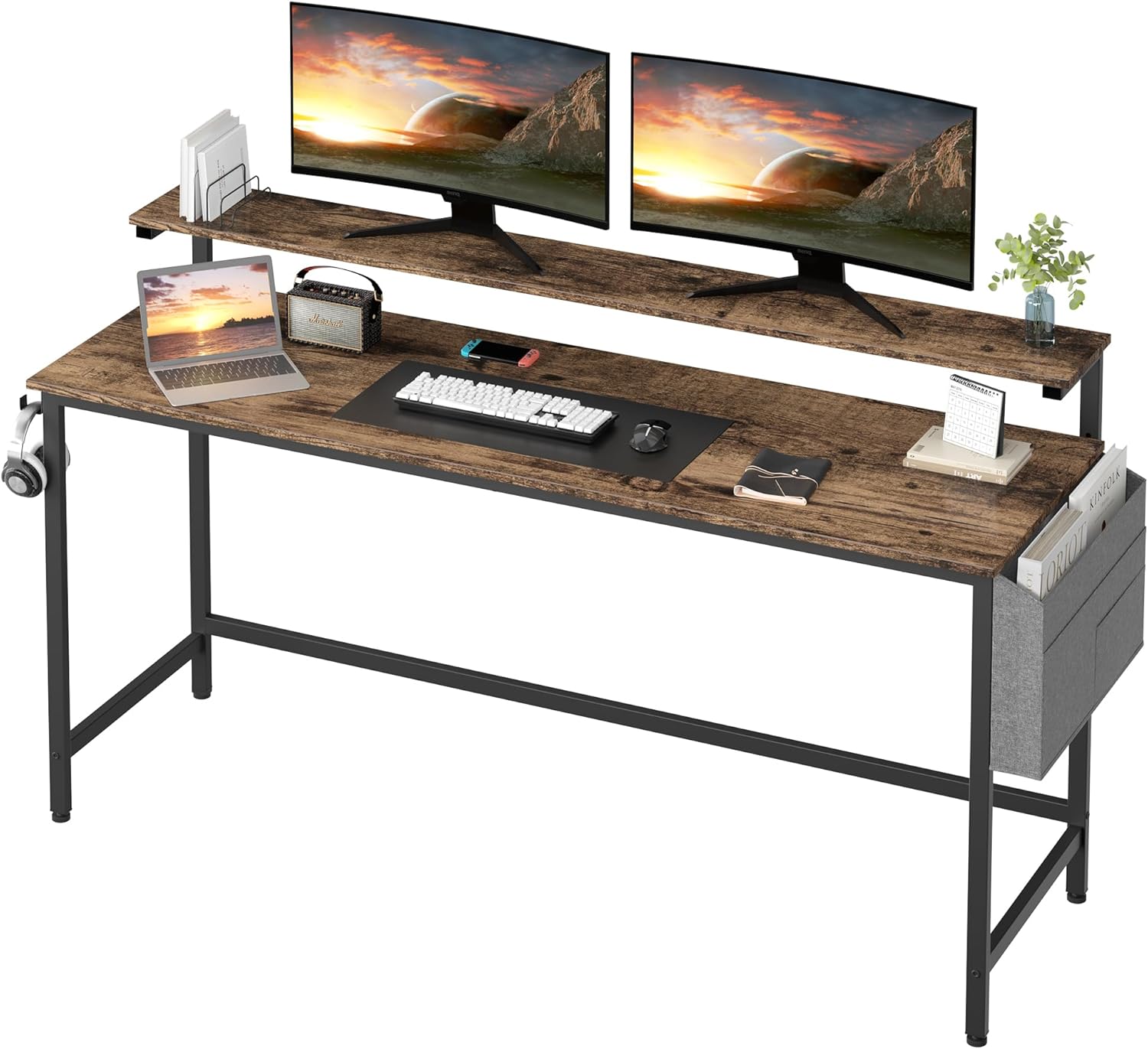 Shintenchi Escritorio para computadora de 63 pulgadas con soporte para monitor, escritorio de escritura de diseño estable, estación de trabajo de