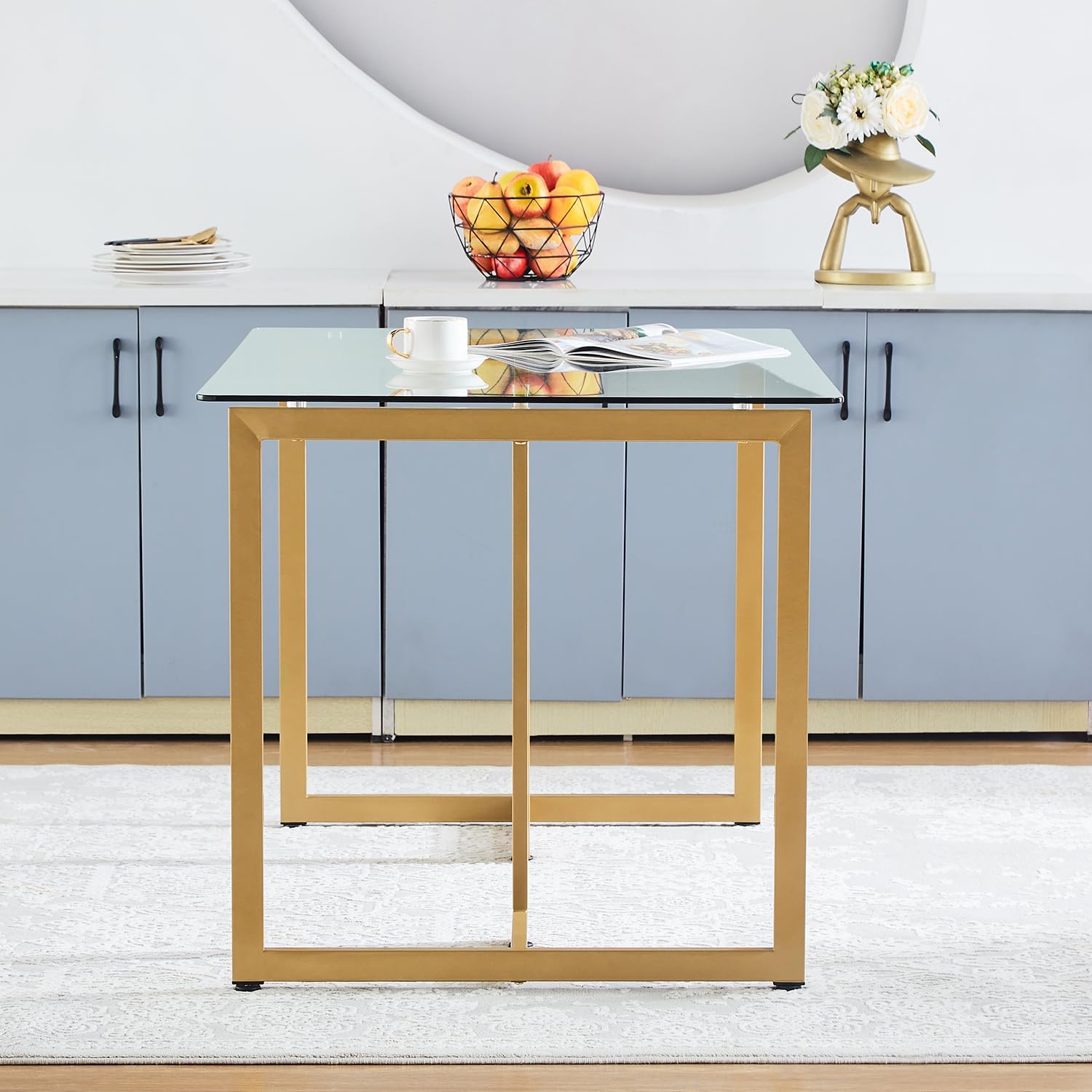 Mesa de comedor de cristal para 4 a 6 personas, mesa rectangular moderna de 47.2 pulgadas con parte superior de vidrio templado transparente y patas