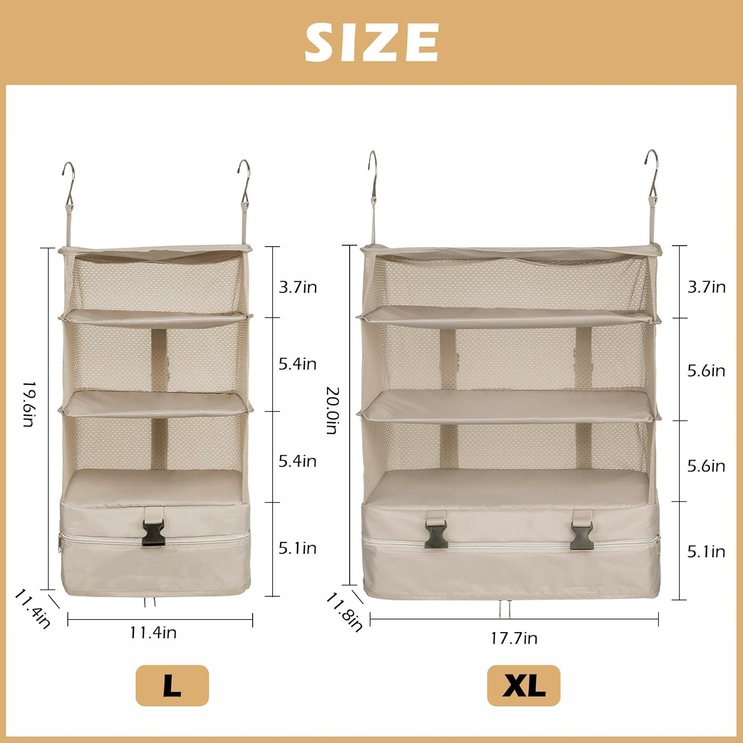 Surblue Bolsa de almacenamiento plegable para armario, 3 estantes, tela Oxford lavable con 2 ganchos (XL 17.71 x 11.81 x 20 pulgadas, beige)