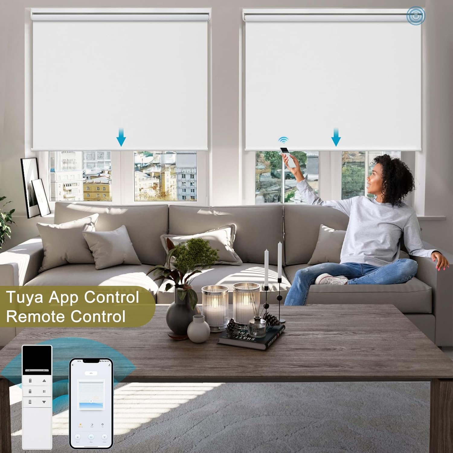 Persianas enrollables motorizadas opacas para ventanas de interior con batería extraíble y recargable, persianas automáticas, persianas inteligentes