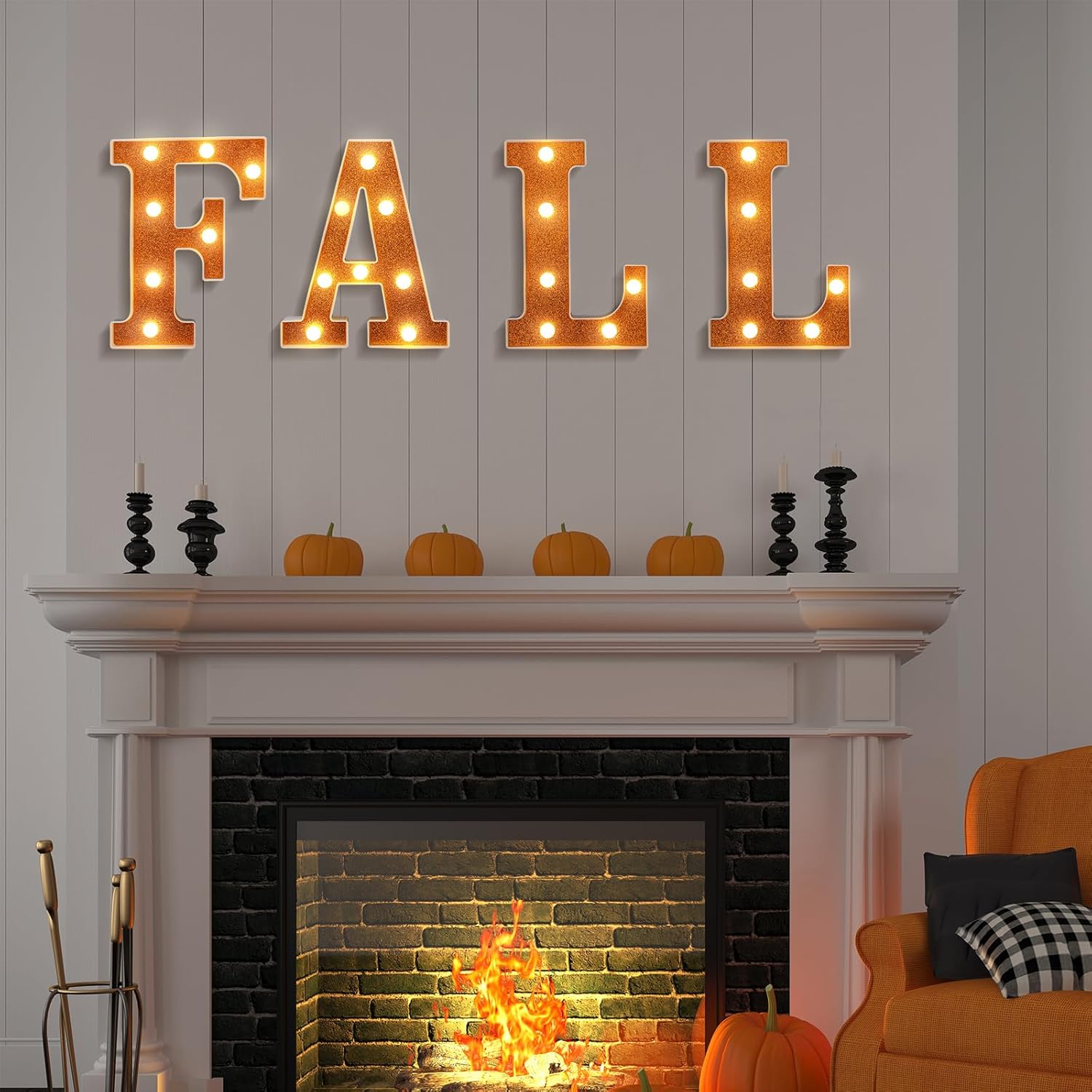 4 piezas de decoración de otoño de Acción de Gracias con purpurina naranja iluminada, letras LED de marquesina de otoño, decoración de luces de