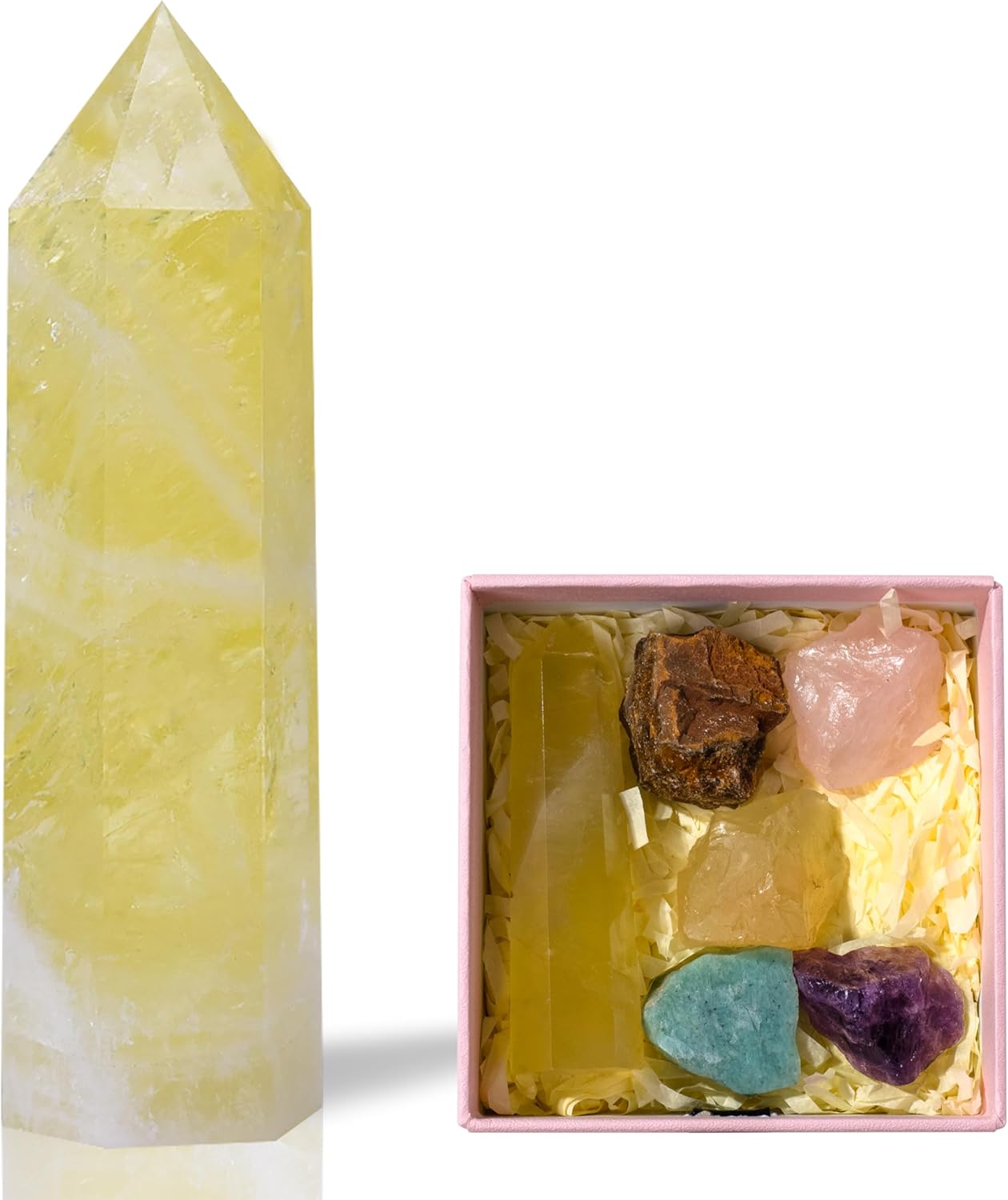 Runyangshi Torre de cristal de citrino natural de 3 pulgadas con 5 piedras crudas de cristal en bruto para Reiki Chakra Meditación Terapia