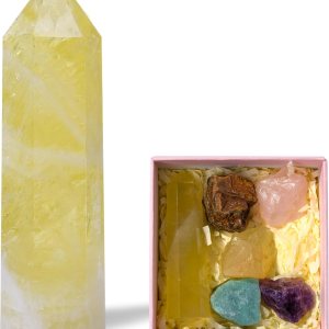 Runyangshi Torre de cristal de citrino natural de 3 pulgadas con 5 piedras crudas de cristal en bruto para Reiki Chakra Meditación Terapia Runyangshi Torre de cristal de citrino natural de 3 pulgadas con 5 piedras crudas de cristal en bruto para Reiki Chakra Meditación Terapia