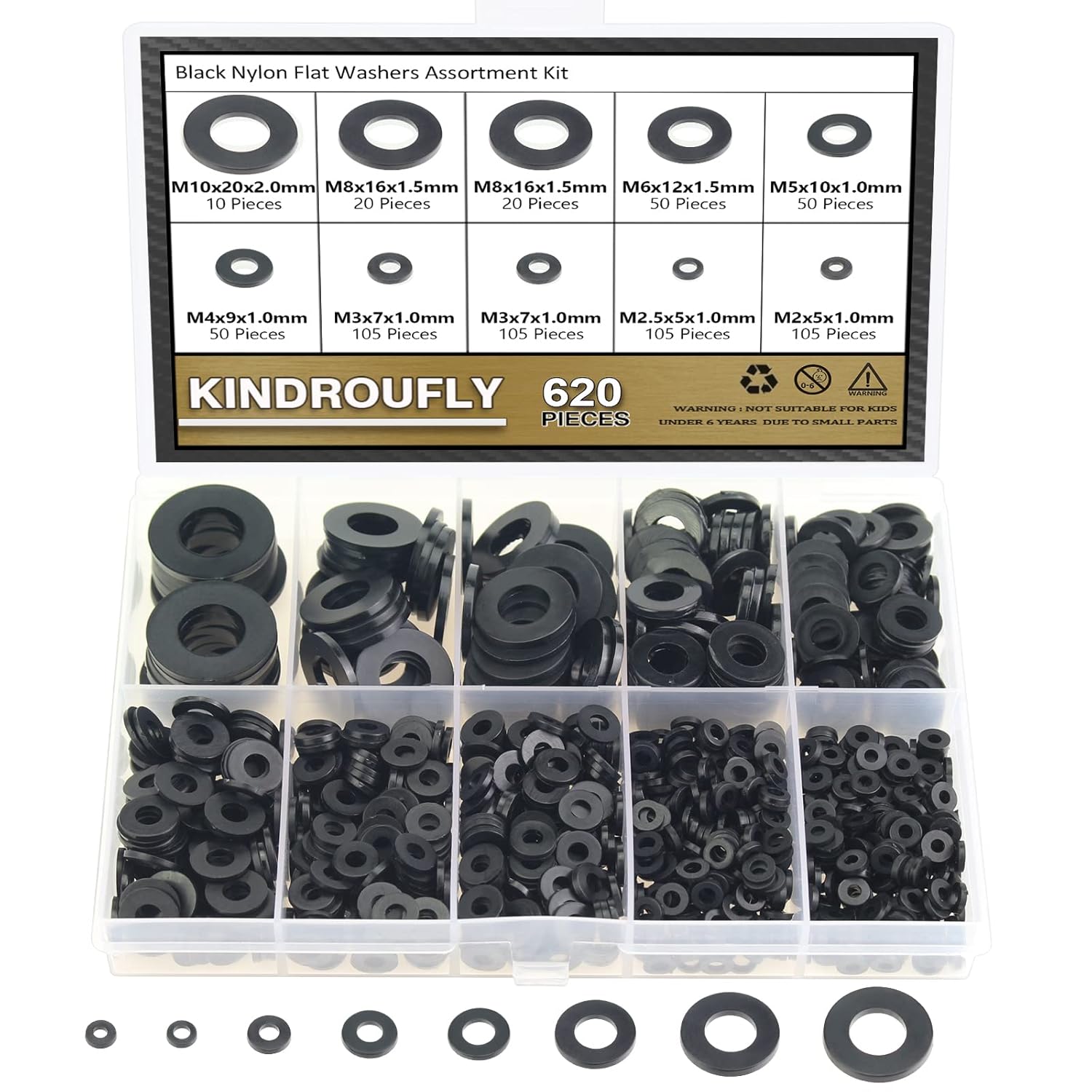 Kindroufly 620 arandelas planas de nailon, 8 tamaños, arandelas de plástico de nailon negro, kit surtido de arandelas (M2 M2.5 M3 M4 M5 M6 M8 M10)