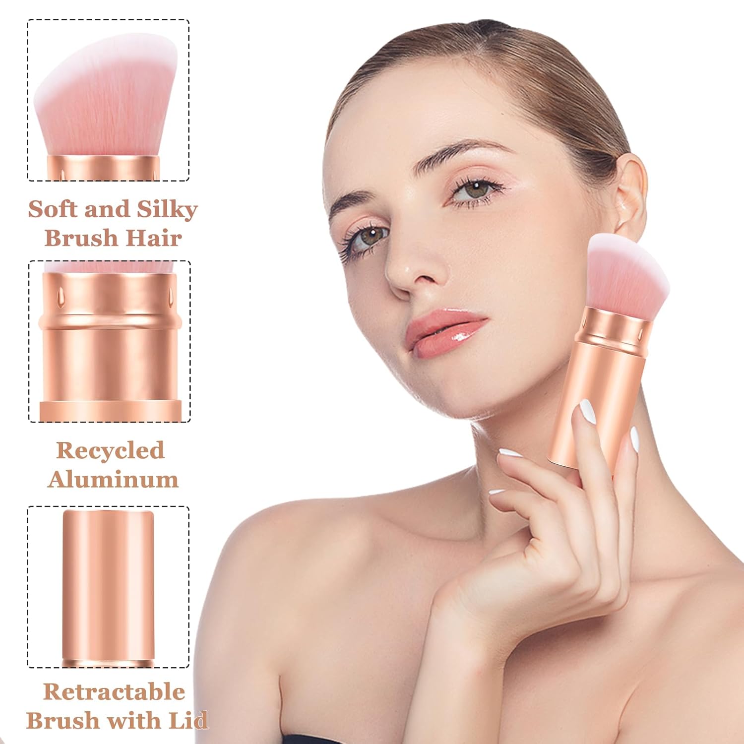Falliny Brocha de maquillaje retráctil, base en polvo Kabuki en ángulo, cepillo de maquillaje protector solar, cepillo de viaje para rubor facial