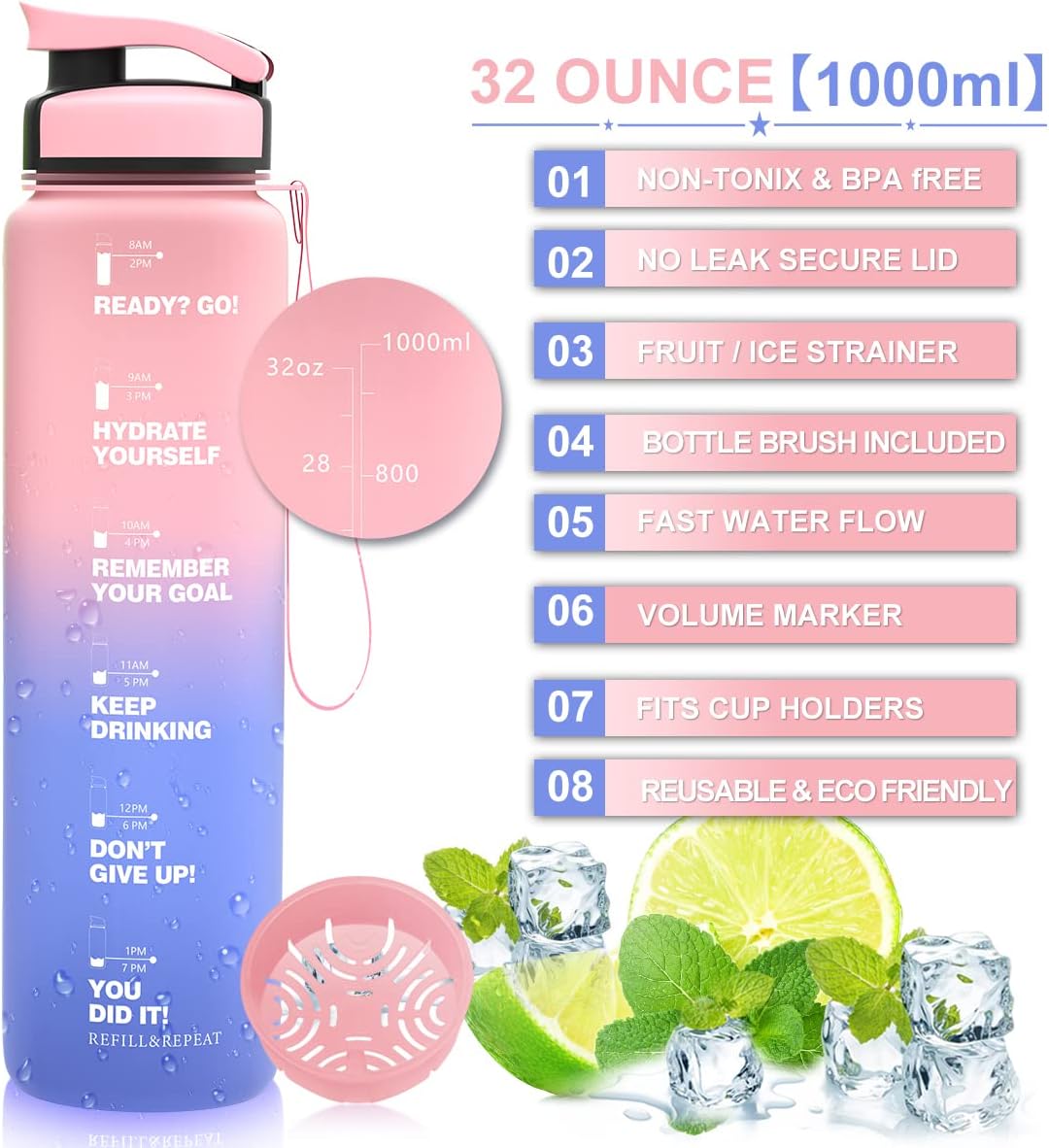 Botella de agua deportiva ecológica de 20 onzas a prueba de fugas, sin BPA, botella de plástico para bebidas, ideal para viajes, caminatas,