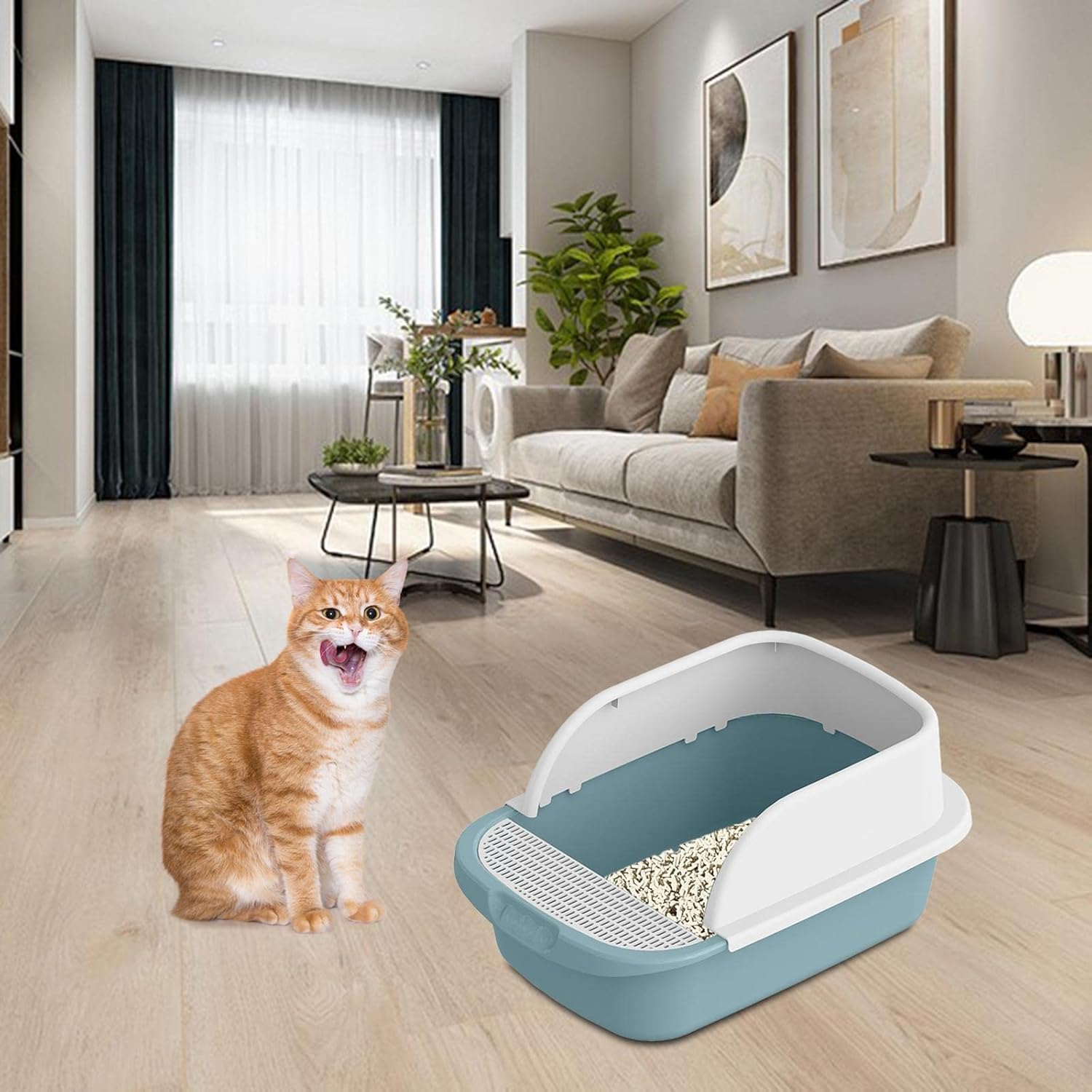 Caja de arena para inodoro para gatos, bandeja de arena semicerrada extraíble grande a prueba de salpicaduras, accesorios de viaje para gatitos,