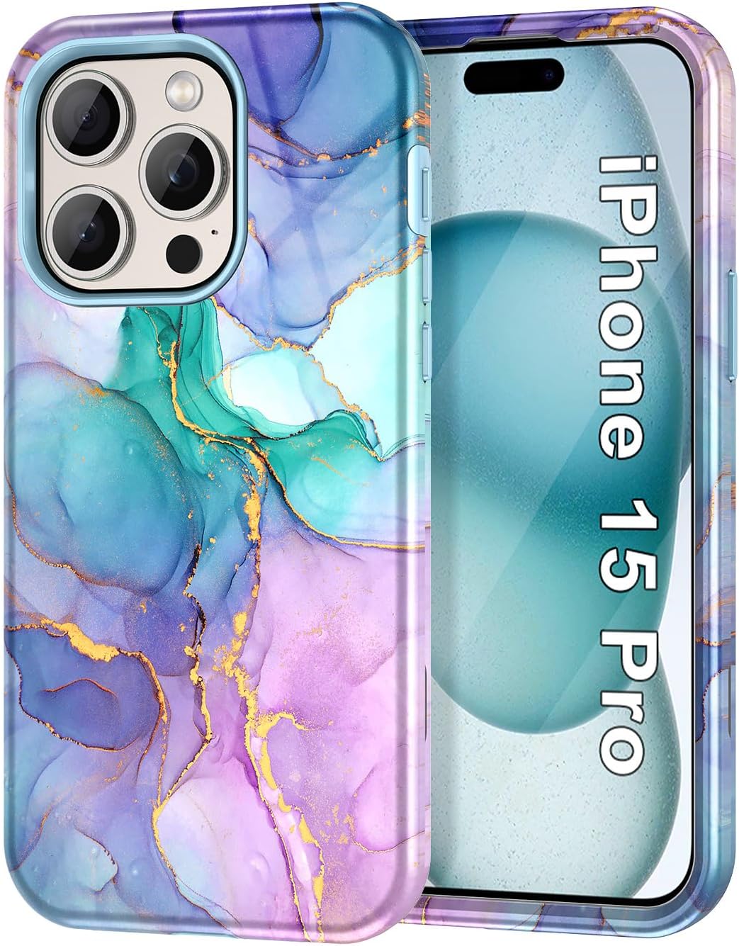 Btscase Funda para iPhone 15 Pro de 6.1 pulgadas (2023), patrón de mármol 3 en 1, resistente a prueba de golpes, cuerpo completo, policarbonato