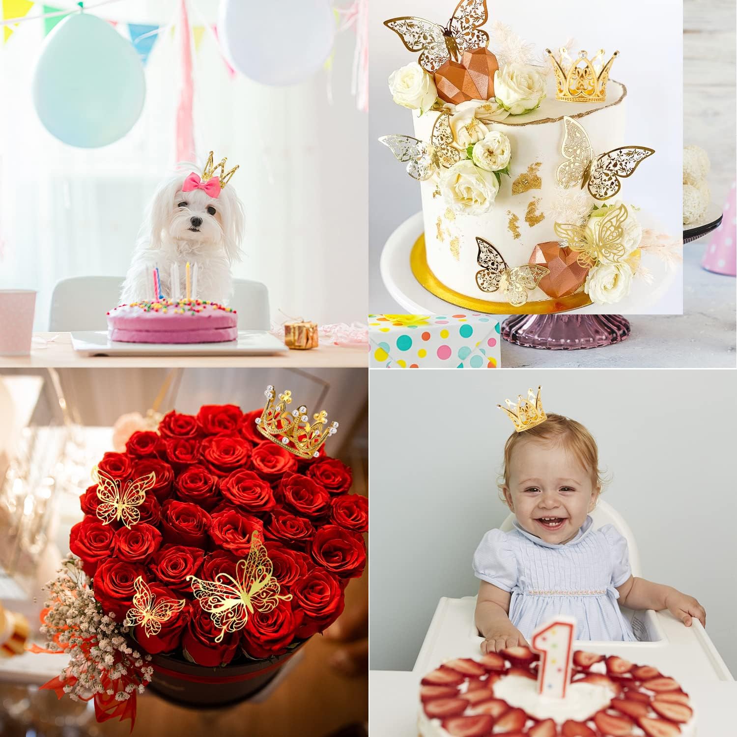 30 piezas de mini corona para tarta, corona de oro pequeña, mini tiara con decoración de mariposa dorada, mariposas doradas 3D para arreglos