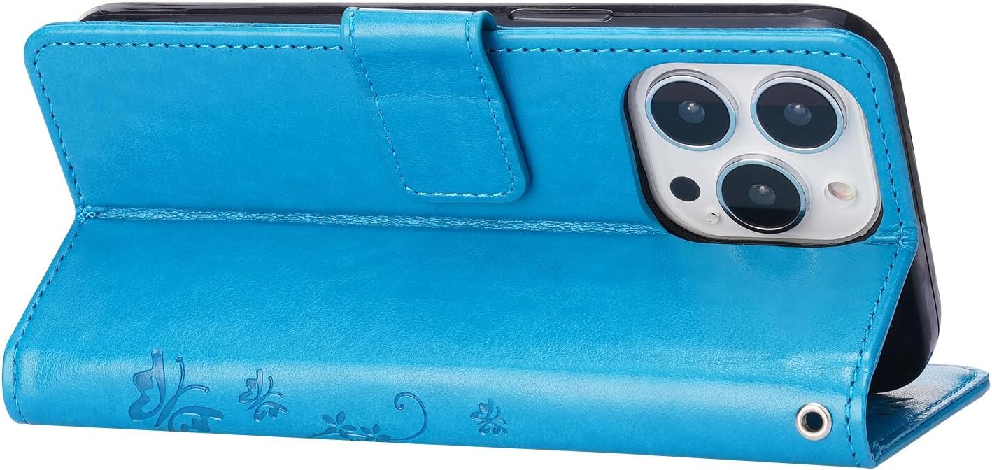 Funda tipo cartera compatible con iPhone 15, de piel sintética, diseño floral de mariposas, funda de silicona con soporte para tarjetas, función