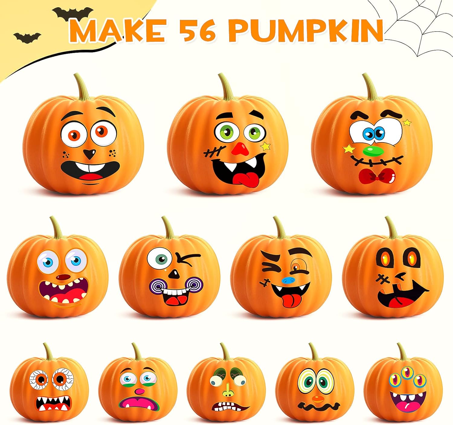Calcomanías decorativas de calabaza de Halloween, 26 hojas, 56 calcomanías faciales en total, kit de manualidades de pintura de calabaza, decoración