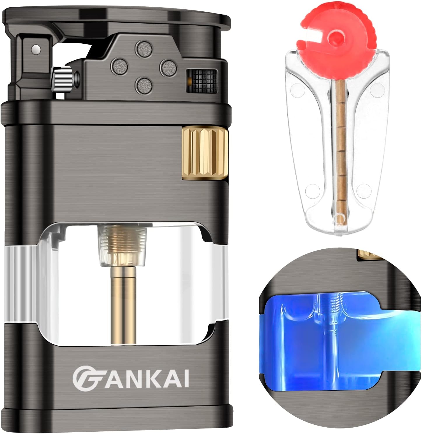 FANKAI – Encendedor de butano con luz LED, encendedor de butano de un solo chorro con 6 pedernales reemplazables, encendedores fríos recargables con