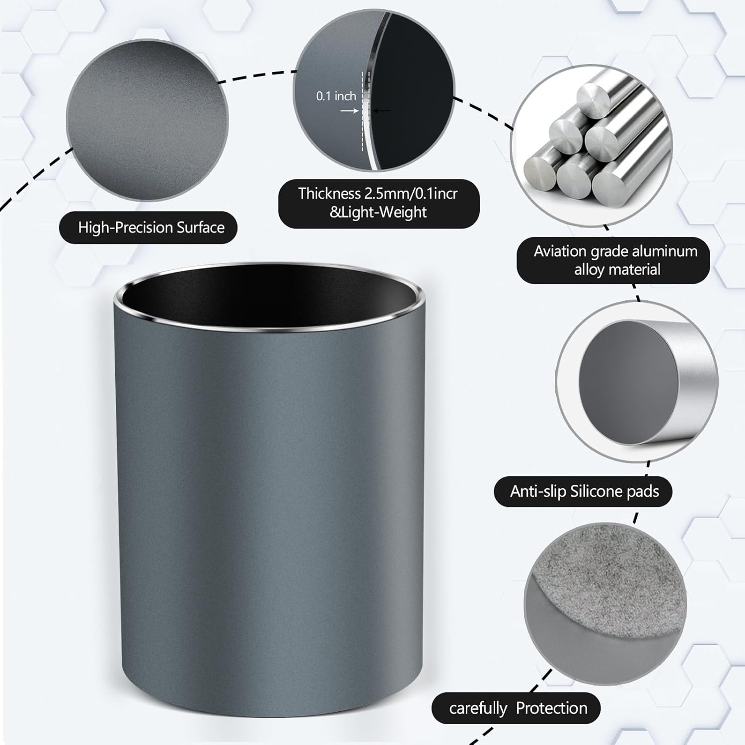 Soporte de metal para bolígrafo para escritorio, organizador de escritorio redondo de aluminio y soporte para brochas de maquillaje, caja de