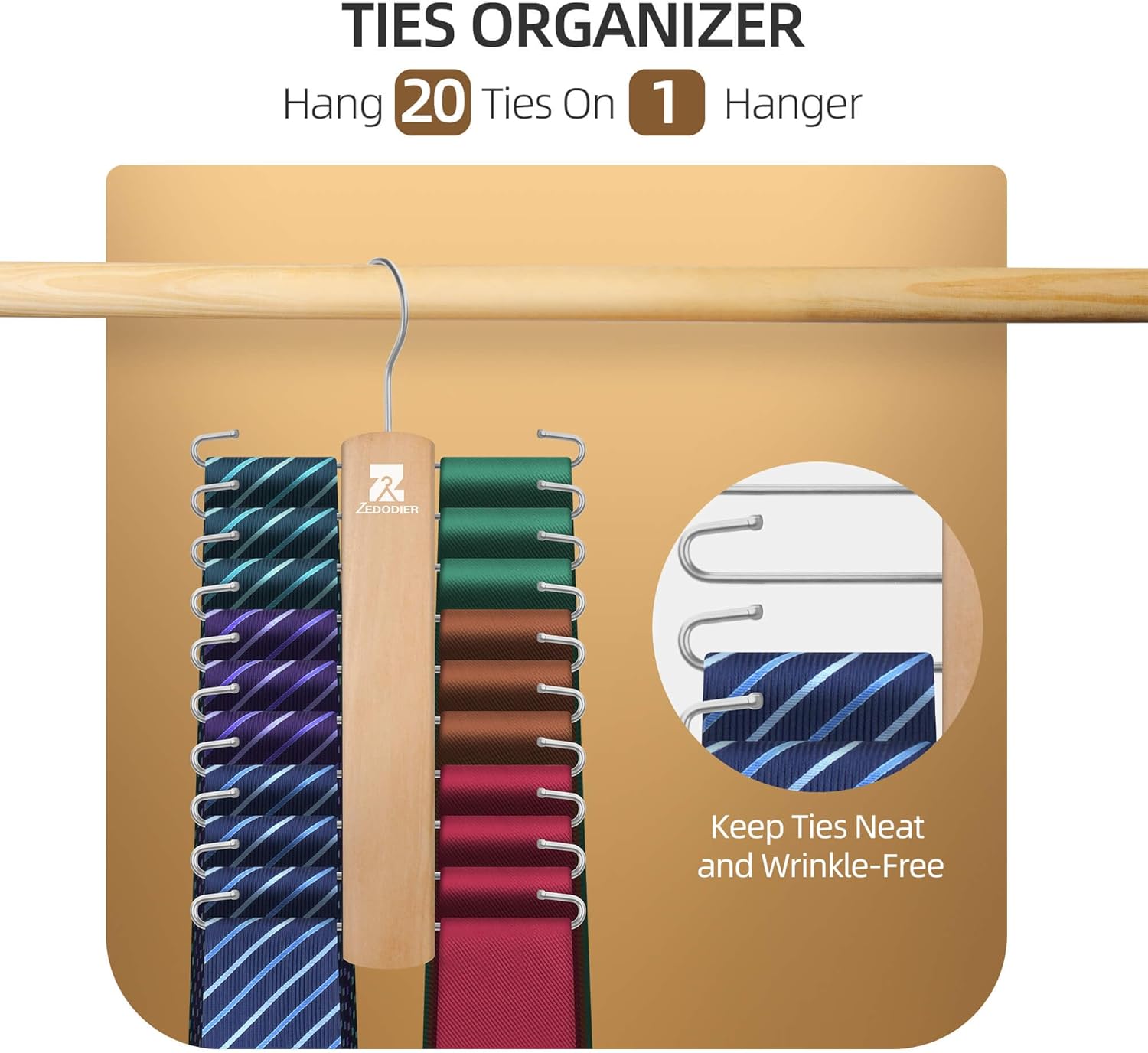 ZEDODIER Estante de corbata de madera, colgador de corbata para armario de hombres, capacidad de almacenamiento de 20, organizador de corbata