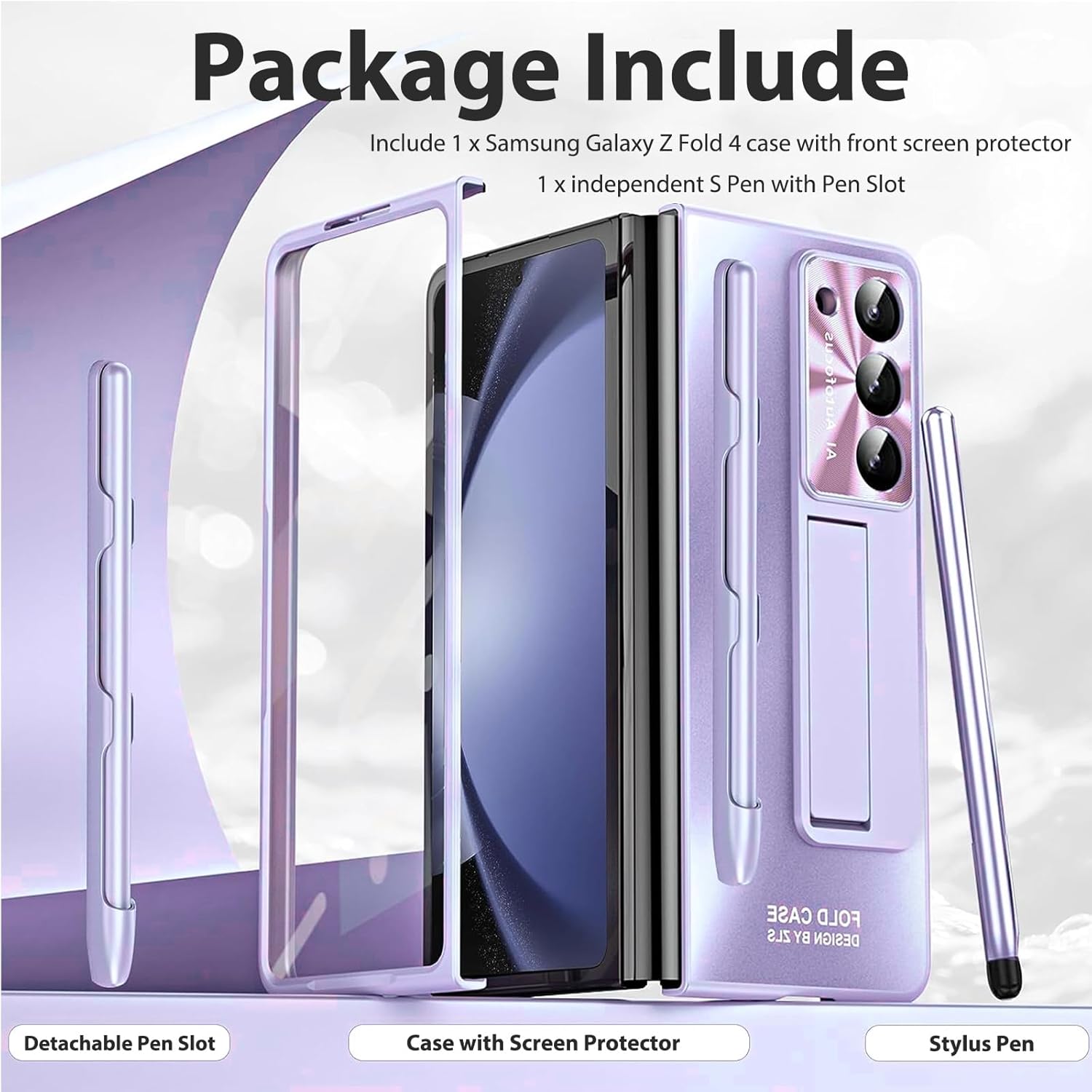 Miimall Funda compatible con Samsung Galaxy Z Fold 4 con S Pen, protector de pantalla frontal integrado + soporte + soporte para bolígrafo, funda de