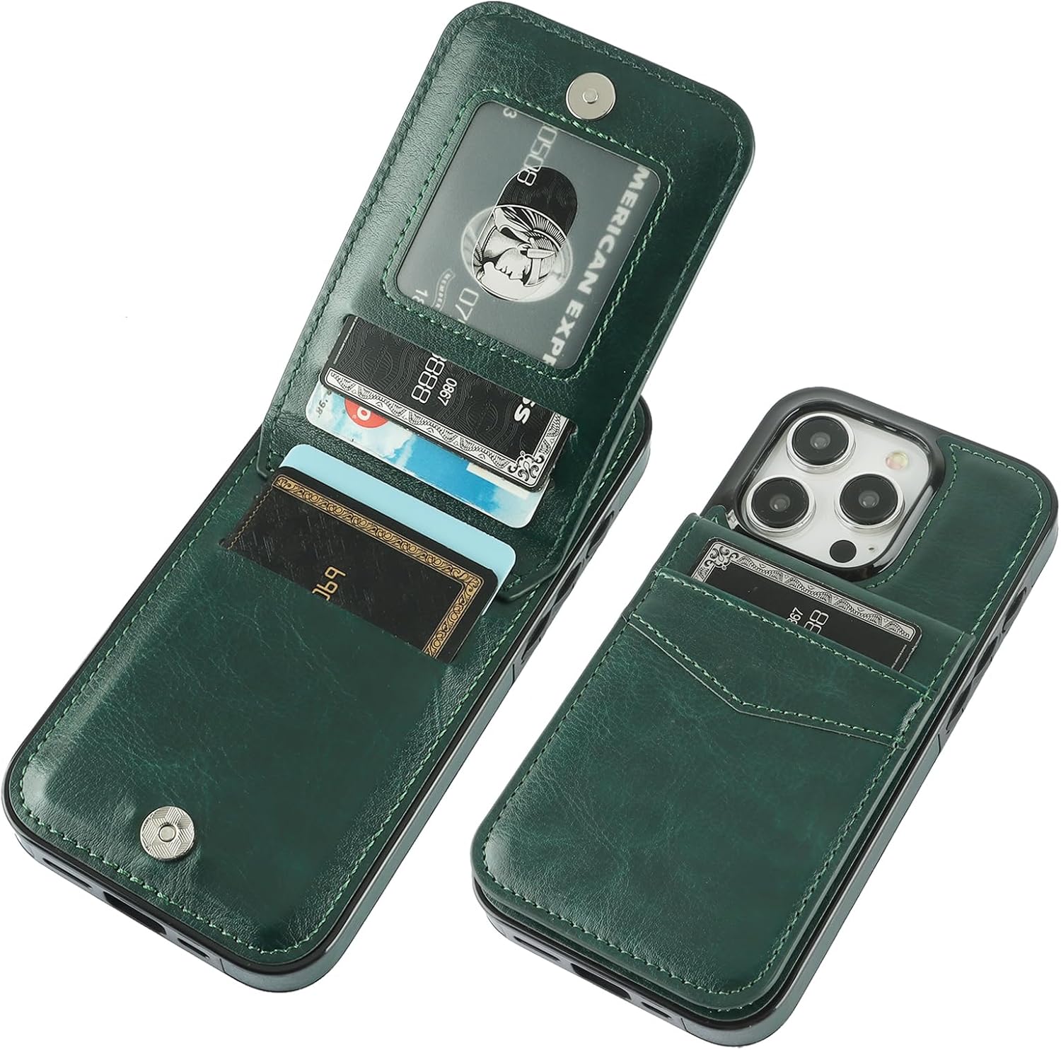 KIHUWEY Funda compatible con iPhone 15 Pro con soporte para tarjeta de crédito, cierre magnético de cuero de alta calidad, función atril, funda