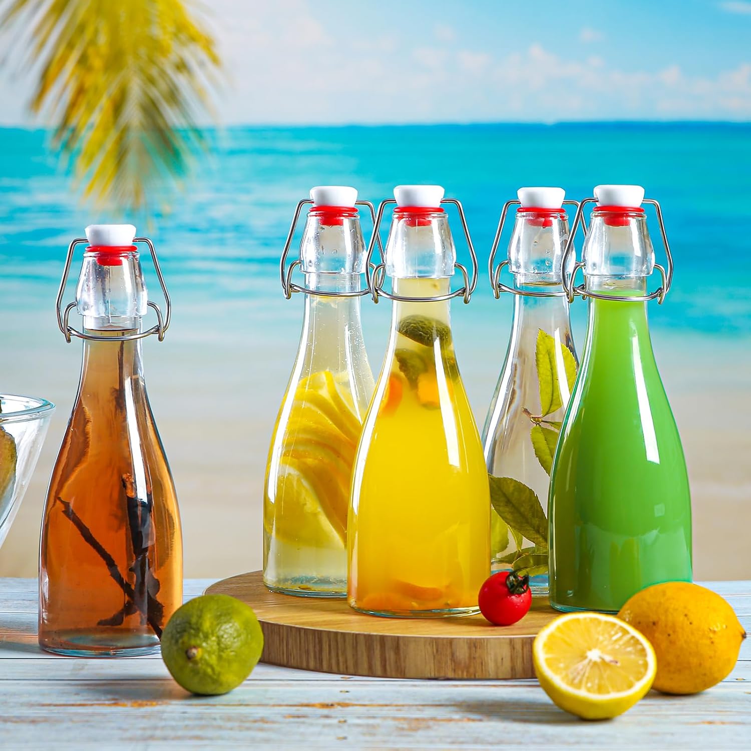Botella de vidrio transparente con tapa abatible para tapas herméticas, paquete de 10 botellas de cerveza de 12 onzas con tapas abatibles, kombucha