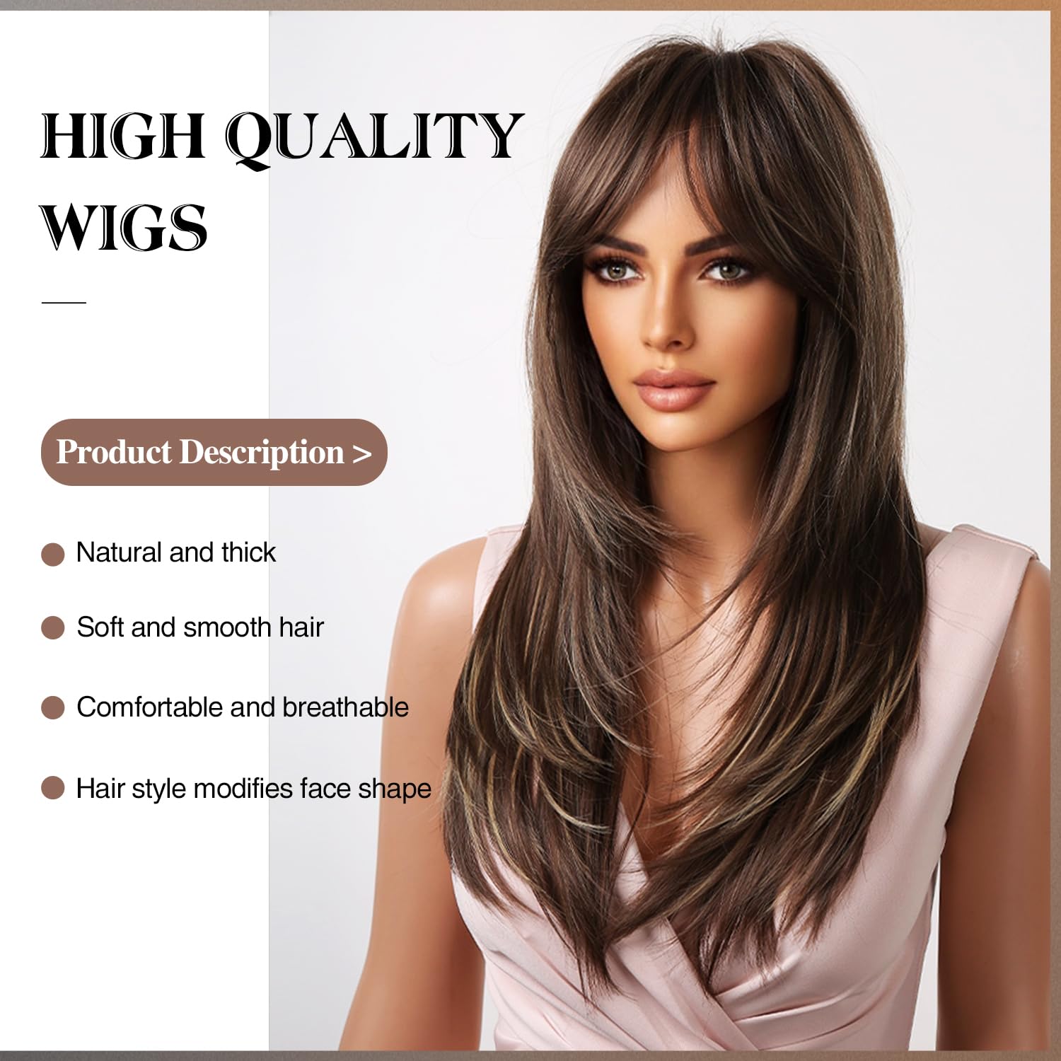 Kikone Pelucas largas rubias castañas con flequillo, peluca de 24 pulgadas de largo y lacia para mujer, peluca de cabello sintético con reflejos