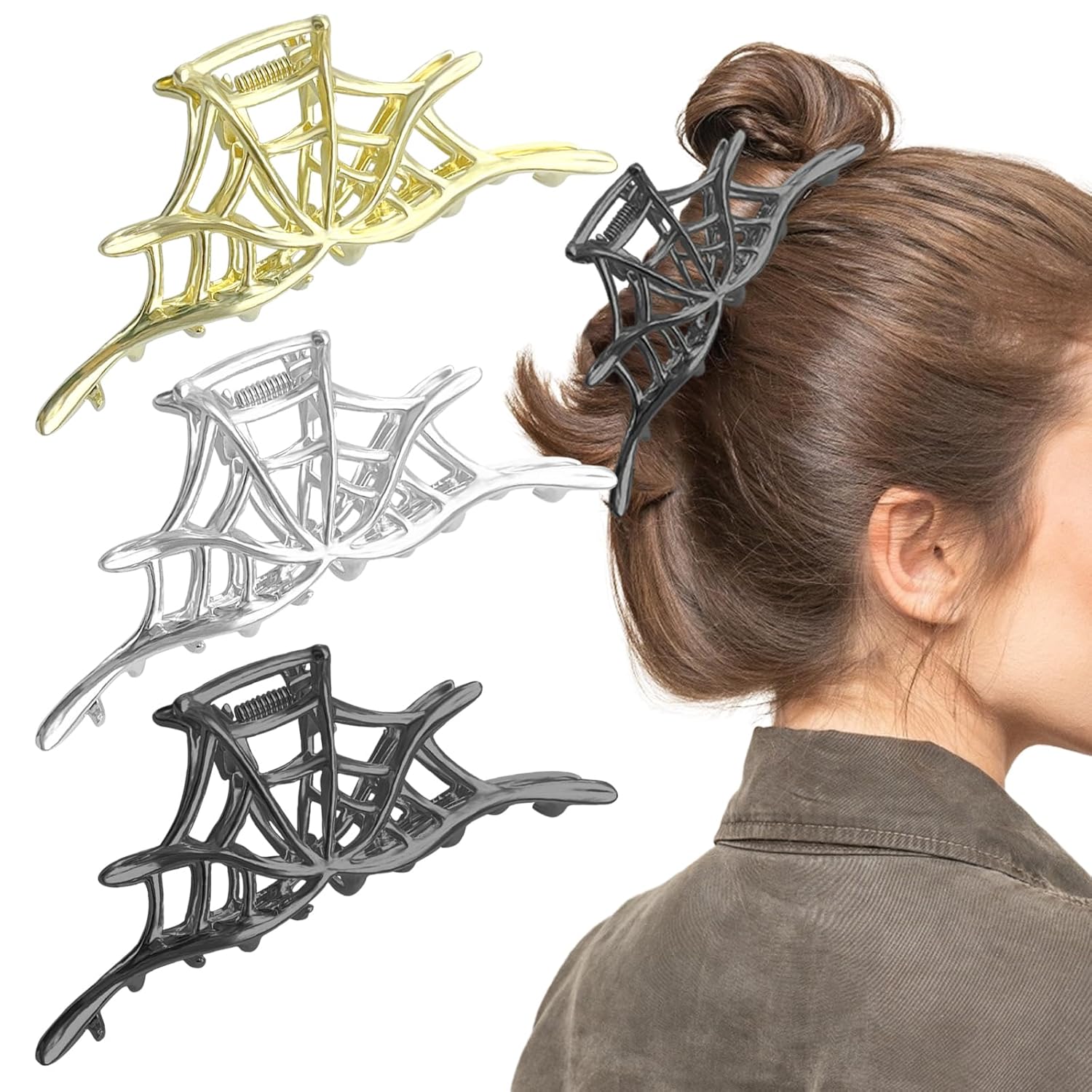 Paquete de 3 pinzas para el cabello de telaraña para Halloween, clips de metal grandes para mandíbula retro, tema de telaraña retro, accesorios de