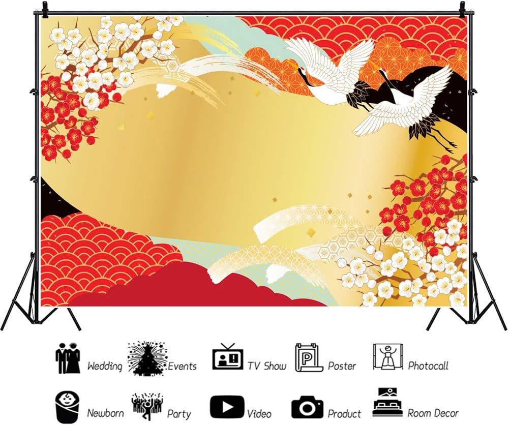 OERJU Telón de fondo de dibujos animados de estilo japonés de 10 x 8 pies, pintura antigua, grúa de mosca, fondo de fotografía dorado y rojo,