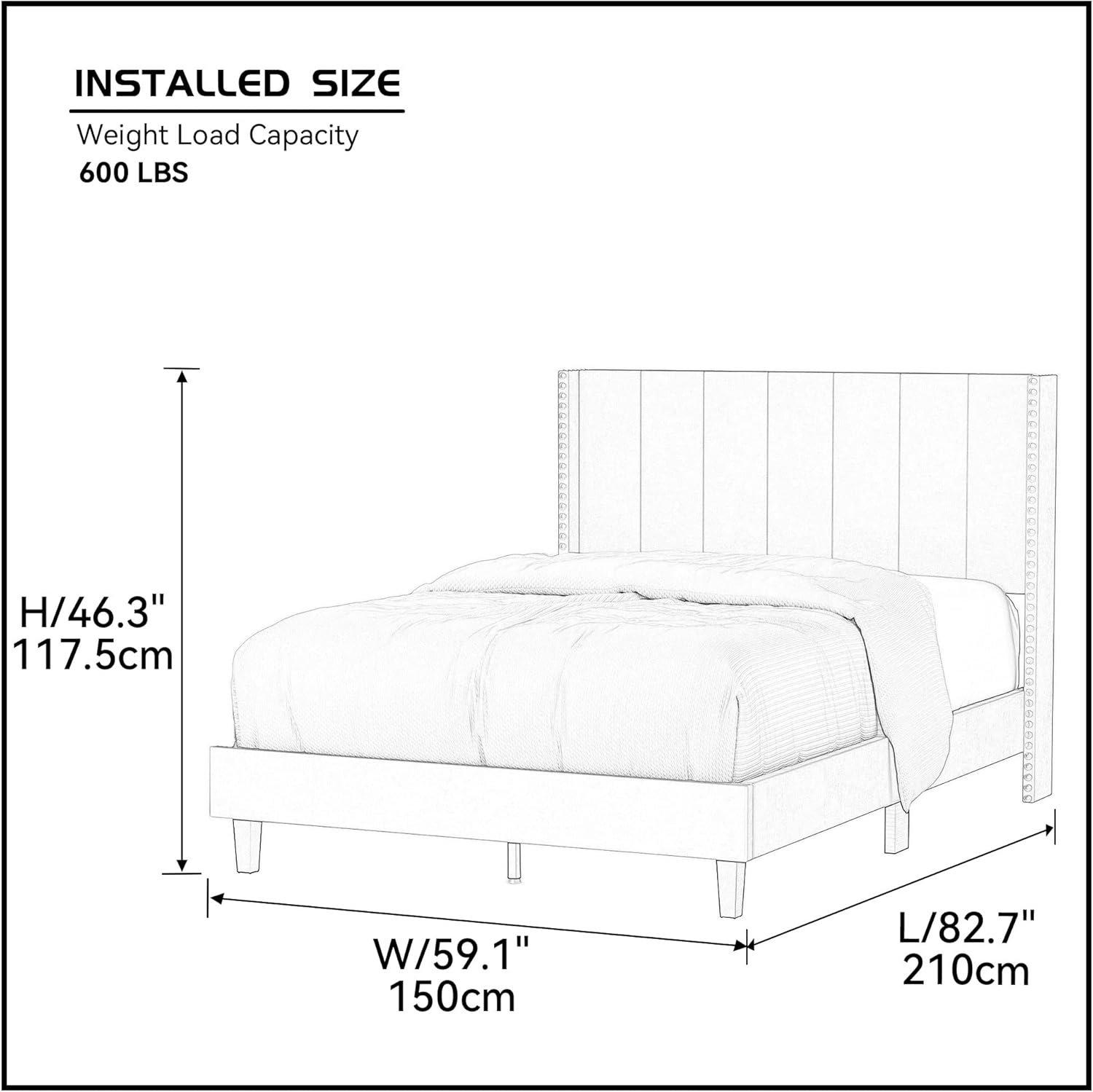 Base de cama de tamaño matrimonial con cabecera capitoné de canal, base de colchón de listones de madera fuertes, antideslizante y sin ruido, marcos