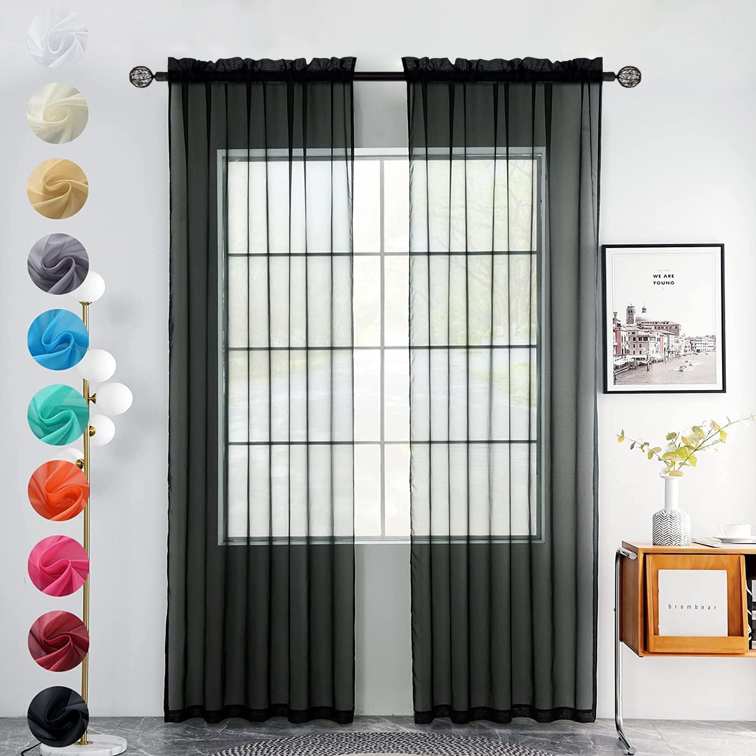 Cortina de gasa transparente sólida con bolsillo para barra, 2 paneles de cortinas de gasa blancas, beige, negro, gris, café, 52 pulgadas de ancho y