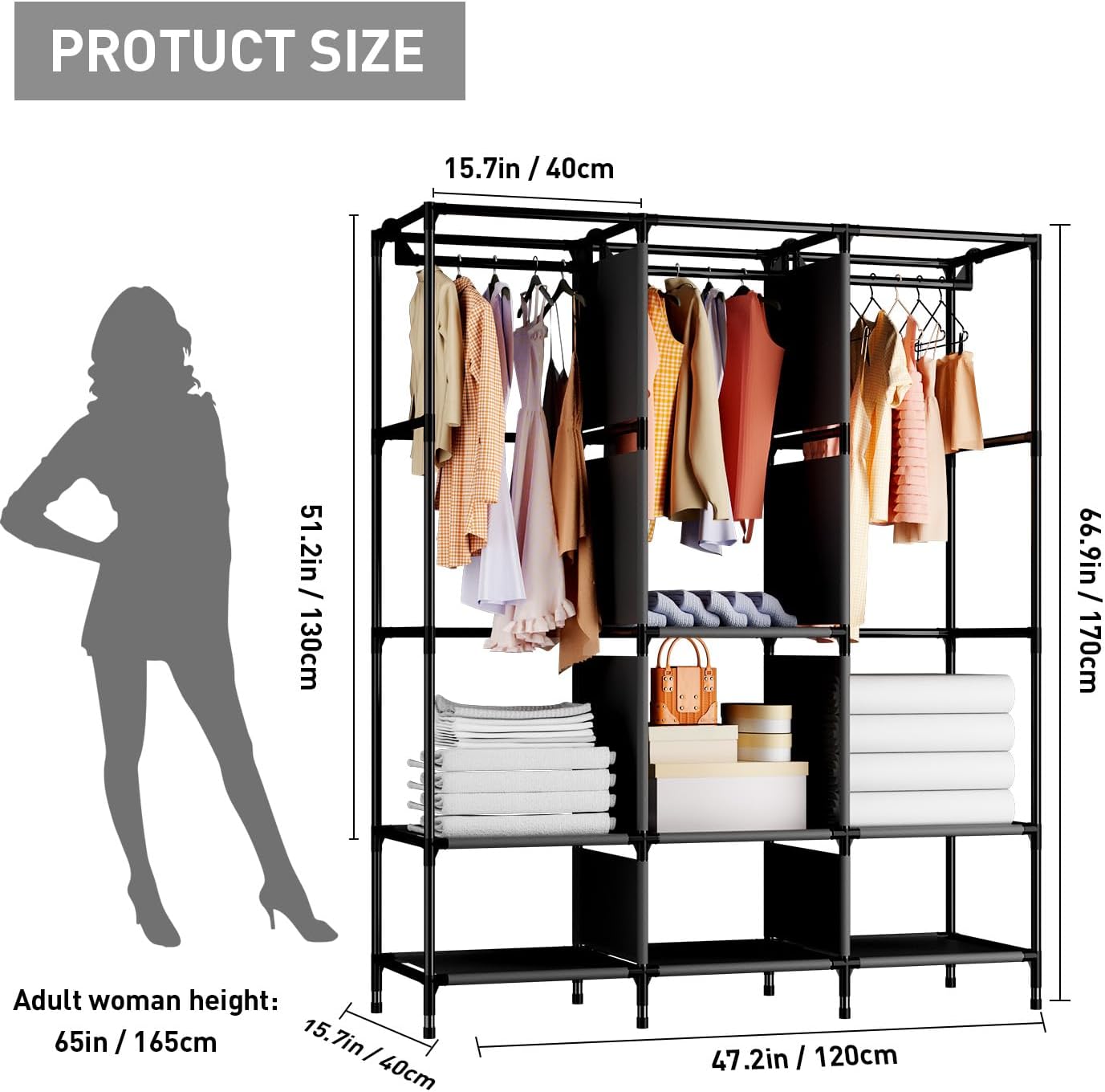 LOEFME Armario portátil, armario para colgar ropa con 3 cajones y varillas para colgar, armarios portátiles de 47 x 15.7 x 67 pulgadas para