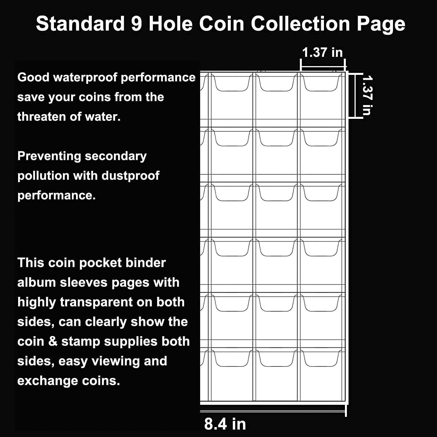 10 hojas (30 bolsillos cada hoja), páginas de colección de monedas, fundas para carpetas de monedas, 9 agujeros para álbum de monedas, protectores