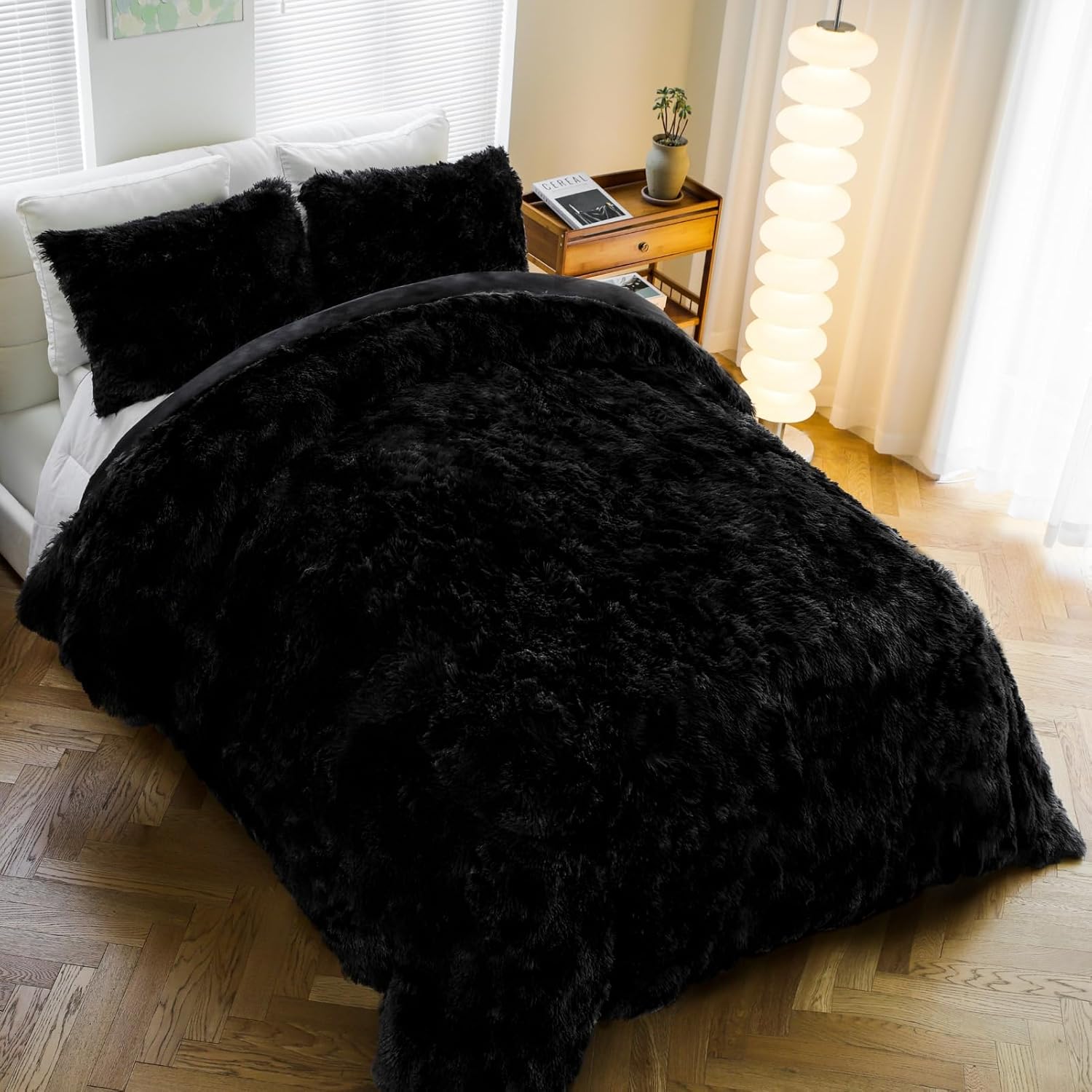 Auemtyn Juego de edredón lanudo tamaño Queen, juego de edredón de pelo sintético negro con 2 fundas de almohada, juego de edredón de lujo lavable de