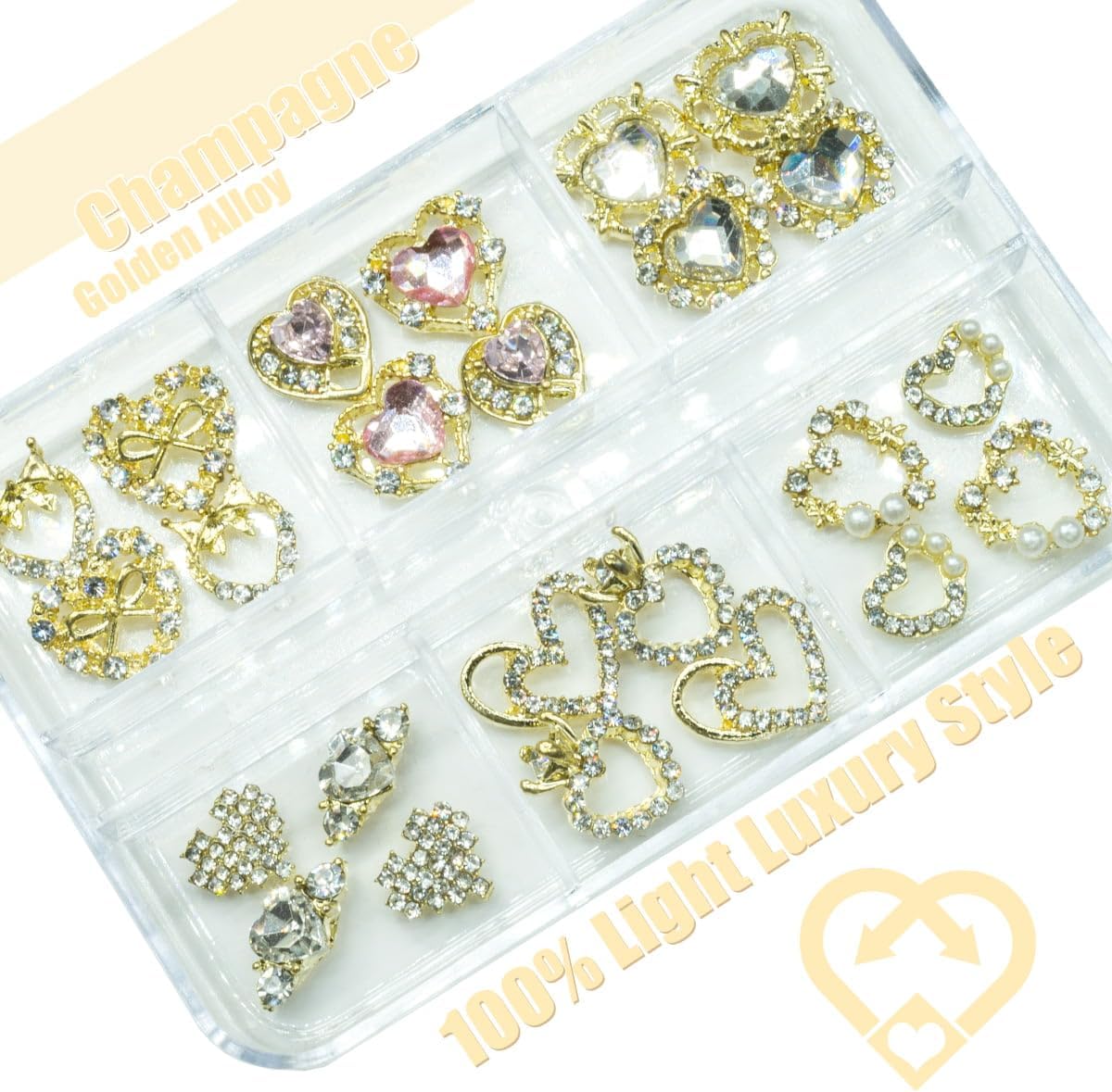 qiipii – 24 dijes de aleación de lujo para uñas, 12 pares de diamantes de imitación dorados 3D para uñas, gemas de cristal doradas, piedras de