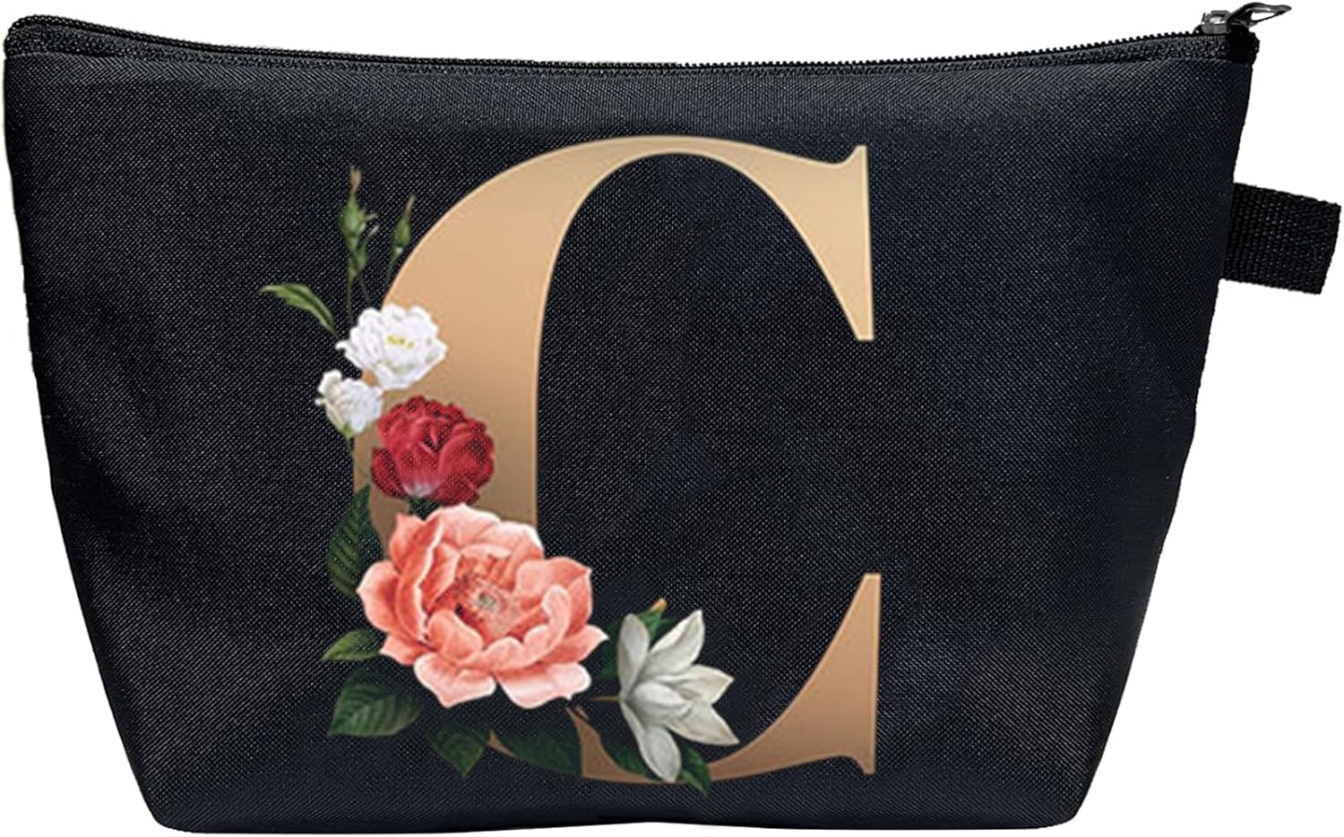CTNUOBEE Bolsa de comestic con letras del alfabeto dorado con bolsa de maquillaje de flores, bolsa de viaje portátil con cremallera, bolsa de aseo