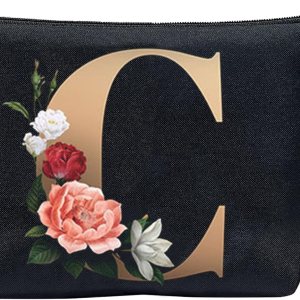 CTNUOBEE Bolsa de comestic con letras del alfabeto dorado con bolsa de maquillaje de flores, bolsa de viaje portátil con cremallera, bolsa de aseo CTNUOBEE Bolsa de comestic con letras del alfabeto dorado con bolsa de maquillaje de flores, bolsa de viaje portátil con cremallera, bolsa de aseo