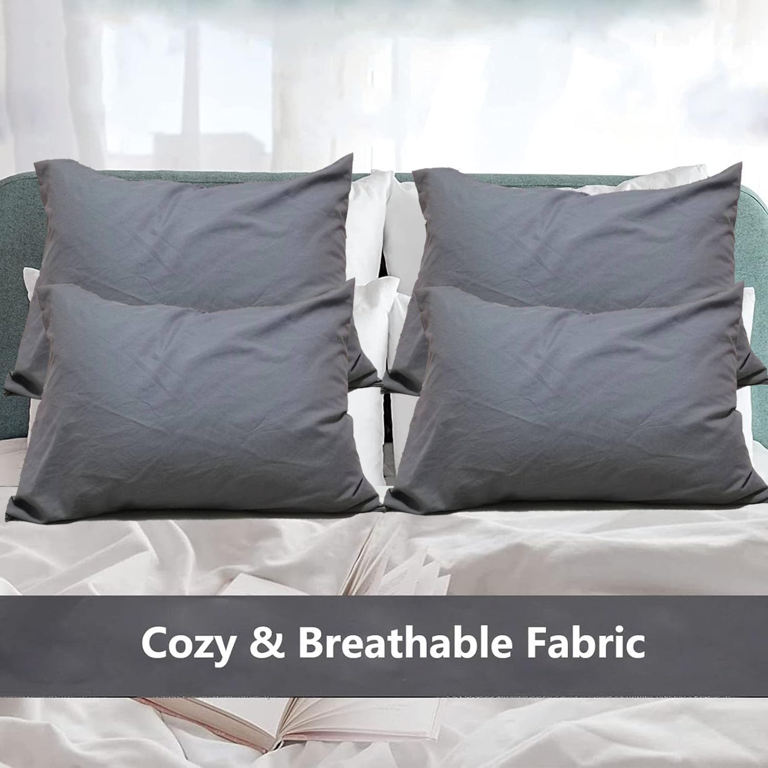 Paquete de 4 fundas de almohada prémium tamaño Queen, color gris estándar, microfibra ultrasuave de 1800 hilos, doble cepillado, sin alergias, funda