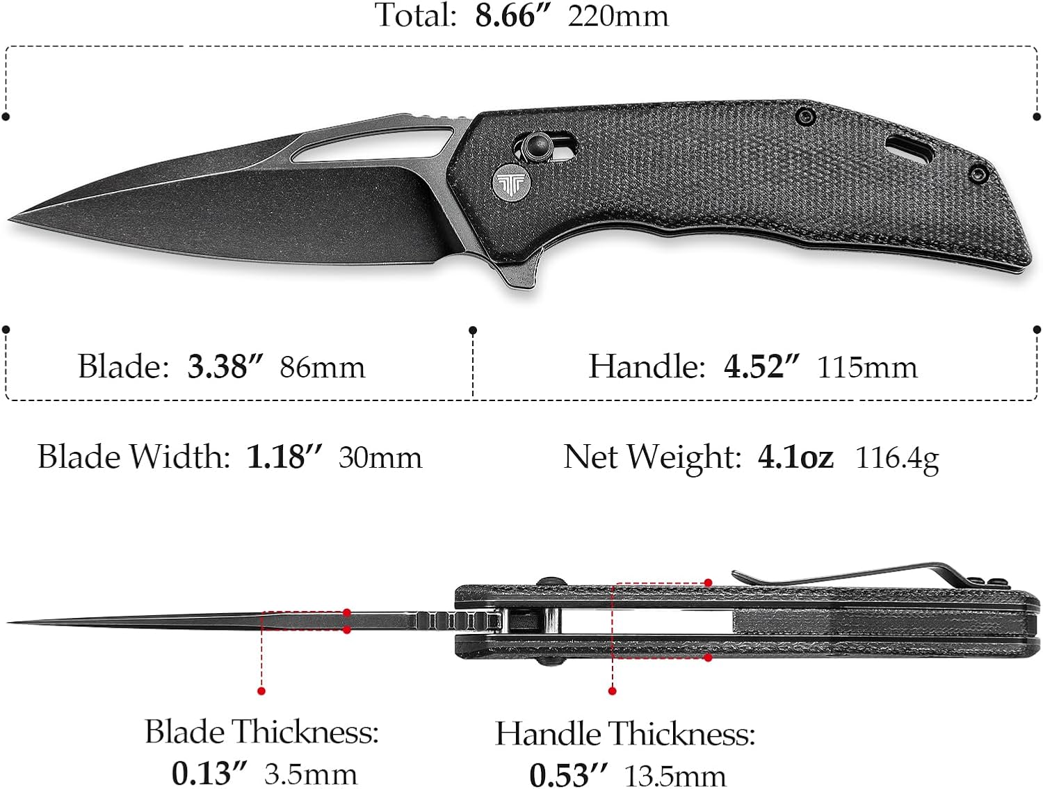 Cuchillo plegable de bolsillo para hombres, transporte diario, cuchillo con clip para EDC camping al aire libre, hoja de acero 14C28N de 3.38