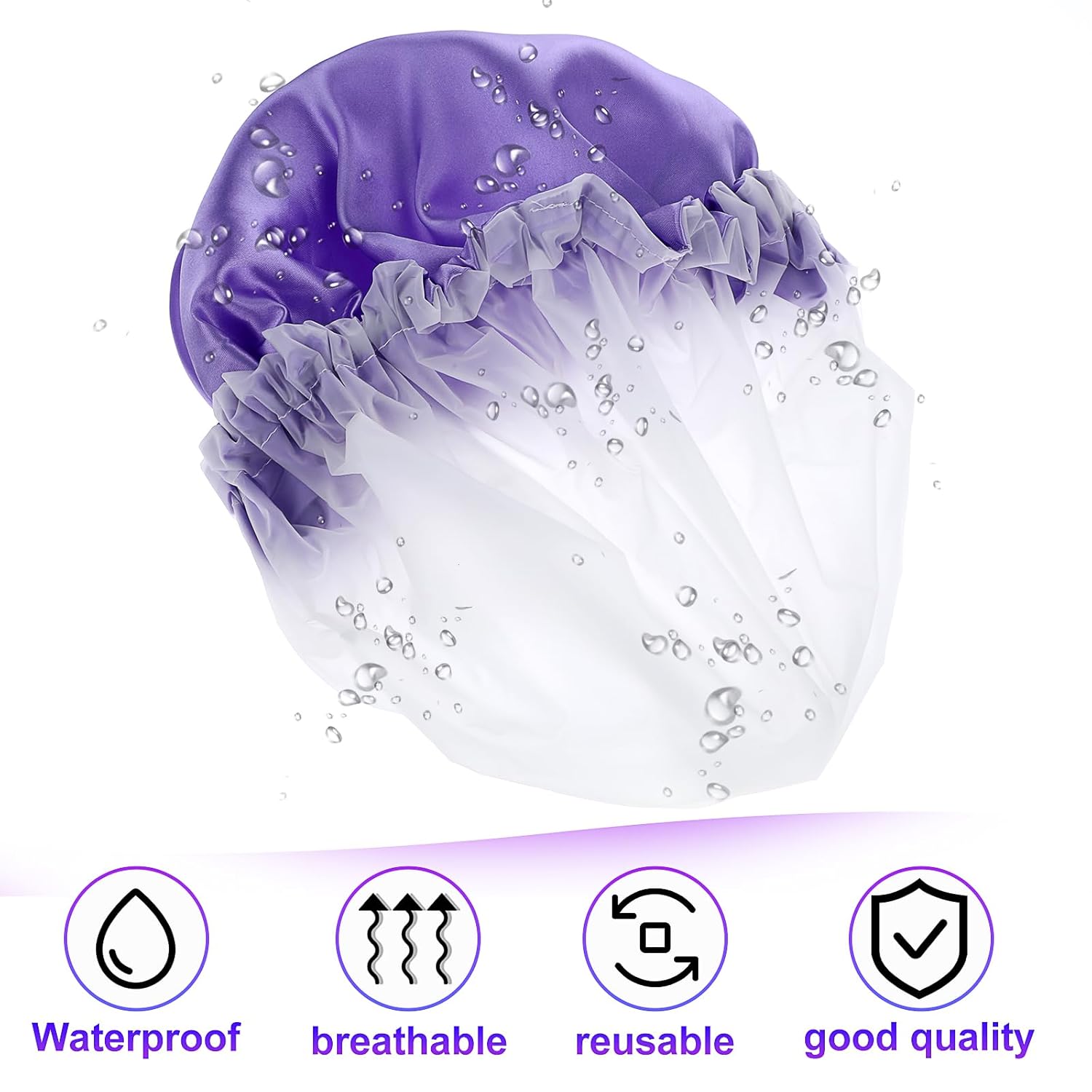 Gorro de ducha impermeable grande de doble capa, gorro de ducha reutilizable para mujeres (morado)