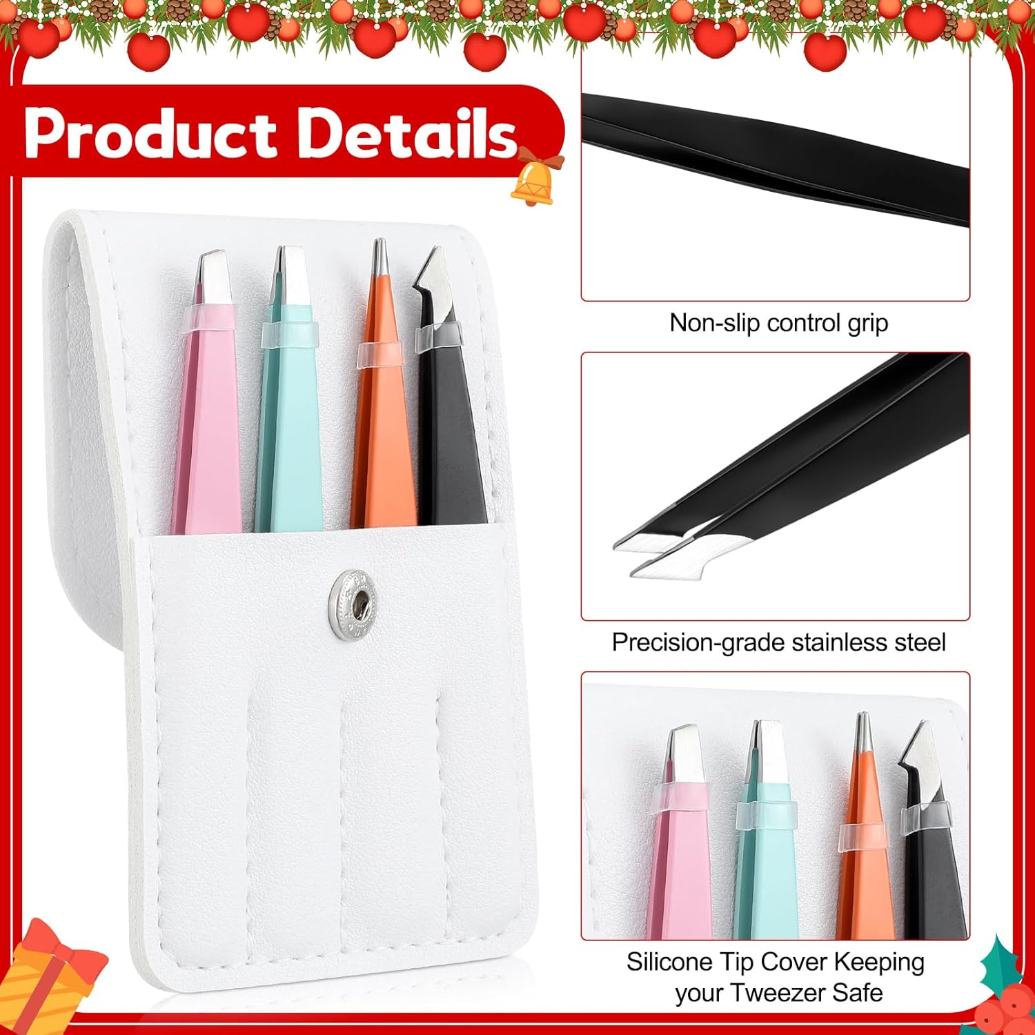 Juego de 12 pinzas con estuche de viaje de cuero, regalos de Navidad a granel regalos de fiesta para mujeres, kit de pinzas de cejas de acero