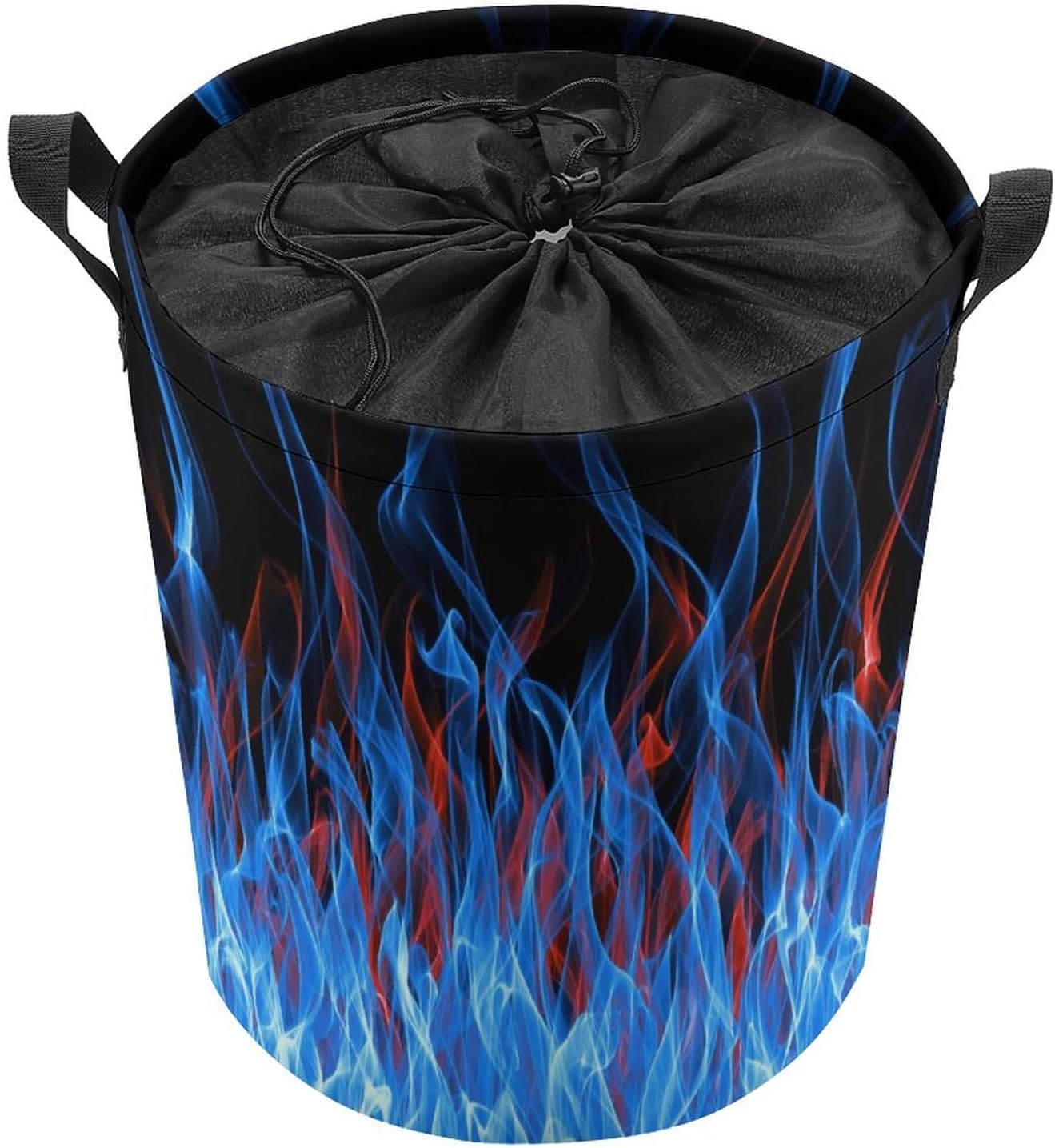 Cesta de lavandería de llama de fuego azul y roja con tapa, plegable, con cordón, bolsa de almacenamiento con asa