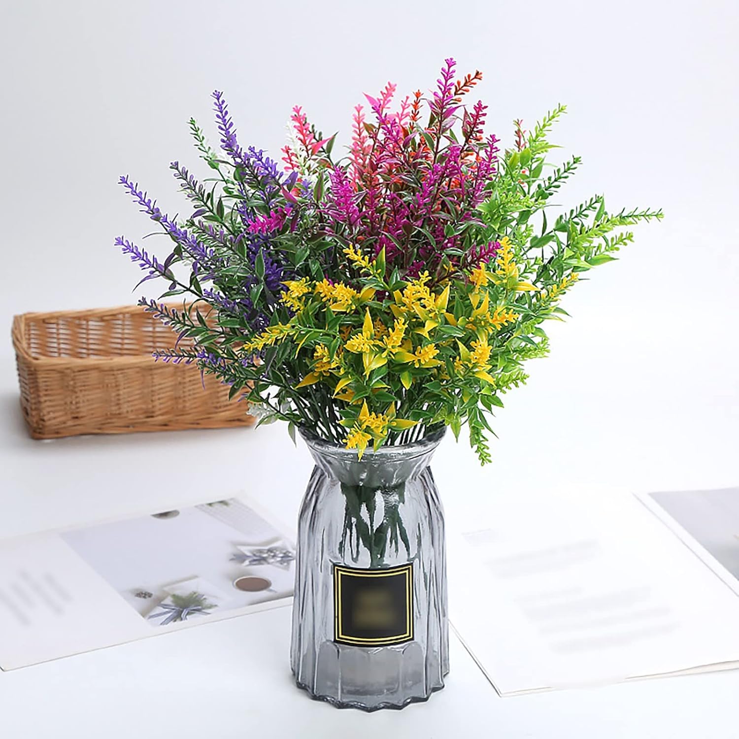Flores falsas para exteriores, flores artificiales de seda de lavanda, flores de imitación de lavanda, planta verde, arreglo floral en maceta, flor