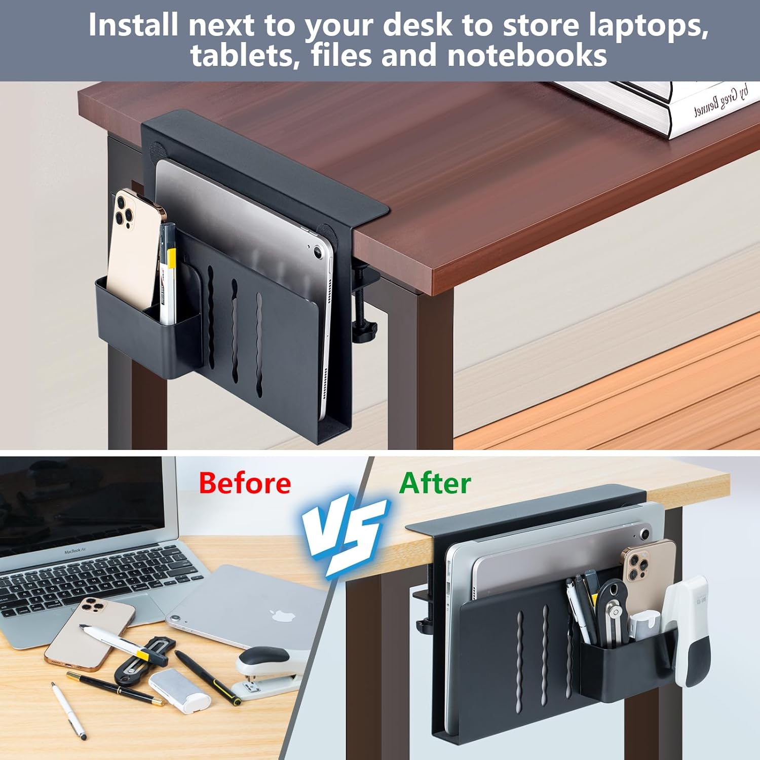 FEIKU Soporte de almacenamiento lateral para escritorio, soporte para laptop con soporte magnético para bolígrafos, bandeja de gestión de cables