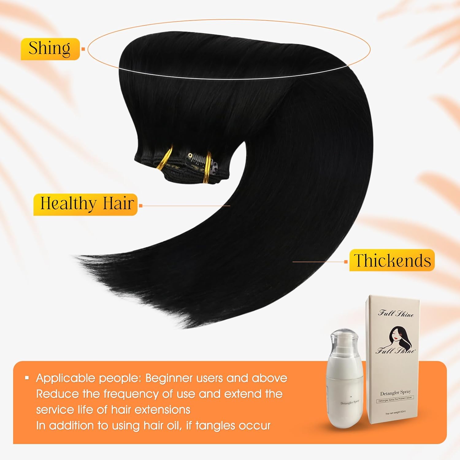 Full Shine – Extensiones de clip de cabello humano, extensiones doble capa de cabello brasileño lacio – Color1, negro azabache, 7piezas, 4.2onzas