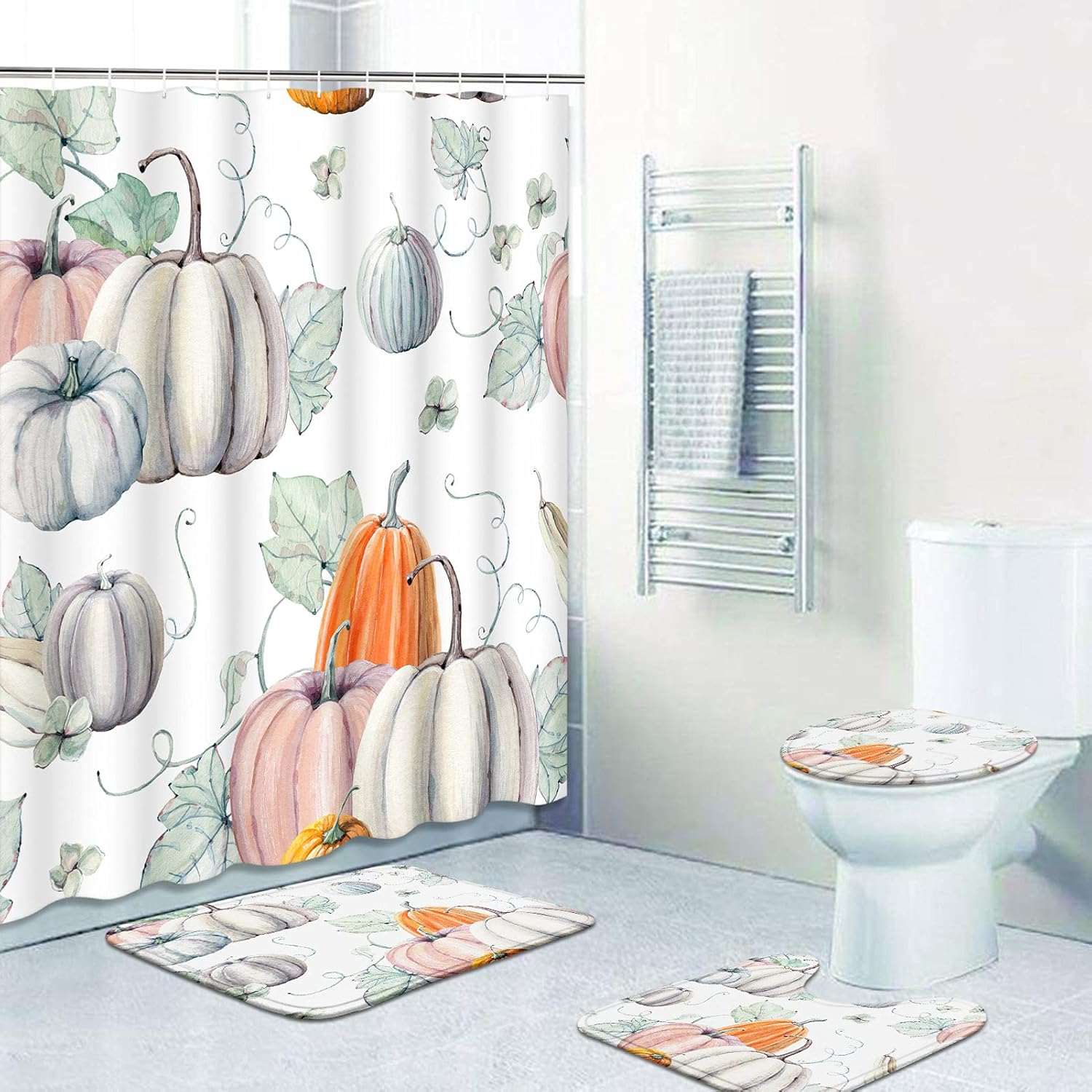 ArtSocket Juego de 4 cortinas de ducha con diseño de calabazas de acuarela con texto en inglés “It’s Thanksgiving Halloween” Receta de otoño con