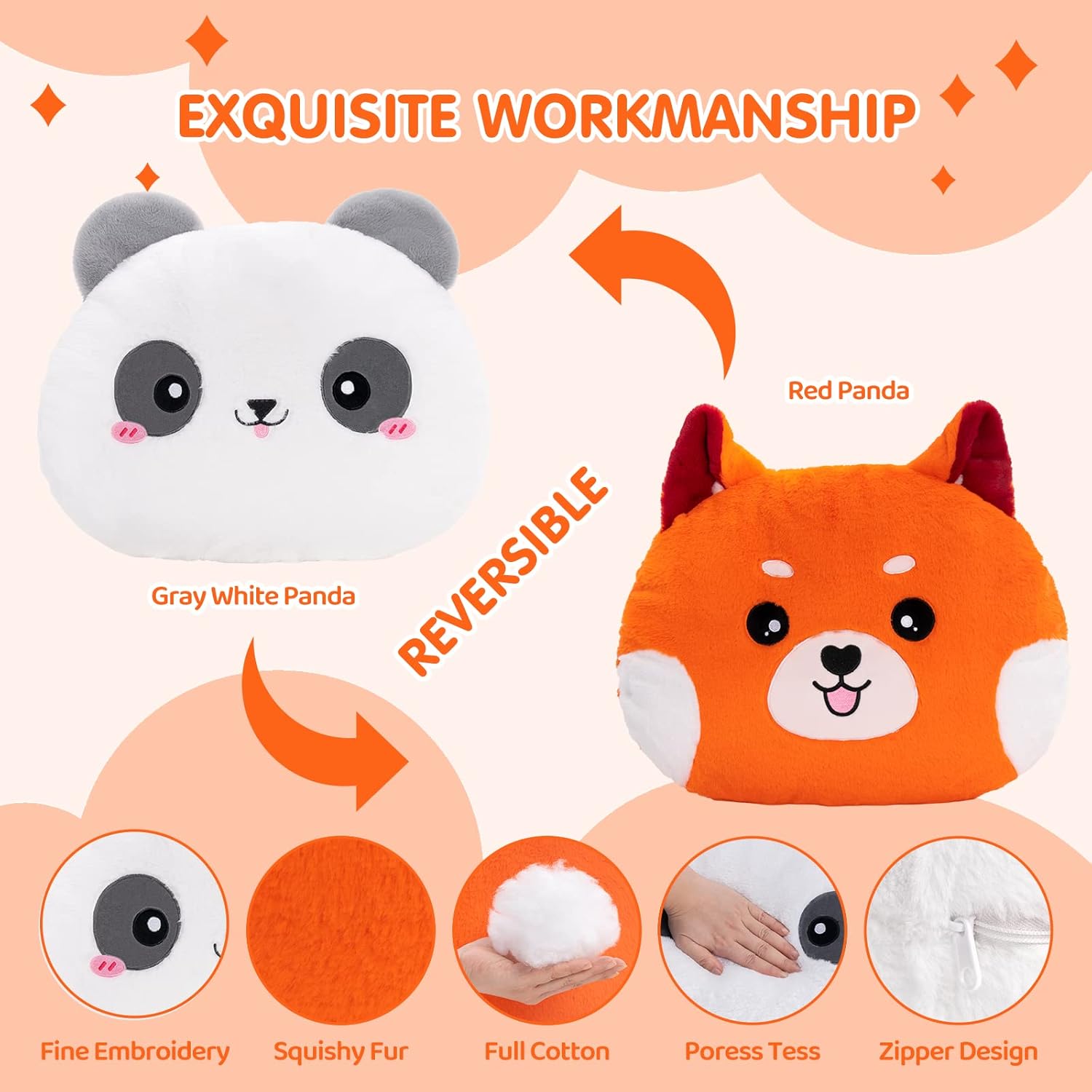Peluche largo de gato + felpa reversible, almohada de felpa de gato gris de 44 pulgadas + almohada de felpa de zorro de panda rojo de 18 pulgadas