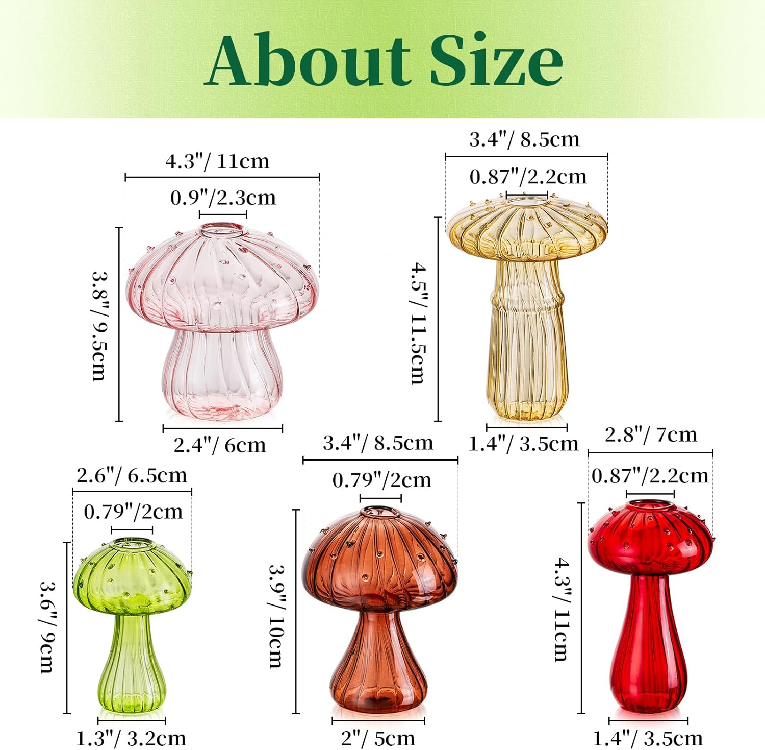 Hewory Jarrón de cristal con forma de hongo para flores, 10 jarrones de flores pequeños de colores únicos, floreros hidropónicos de propagación de