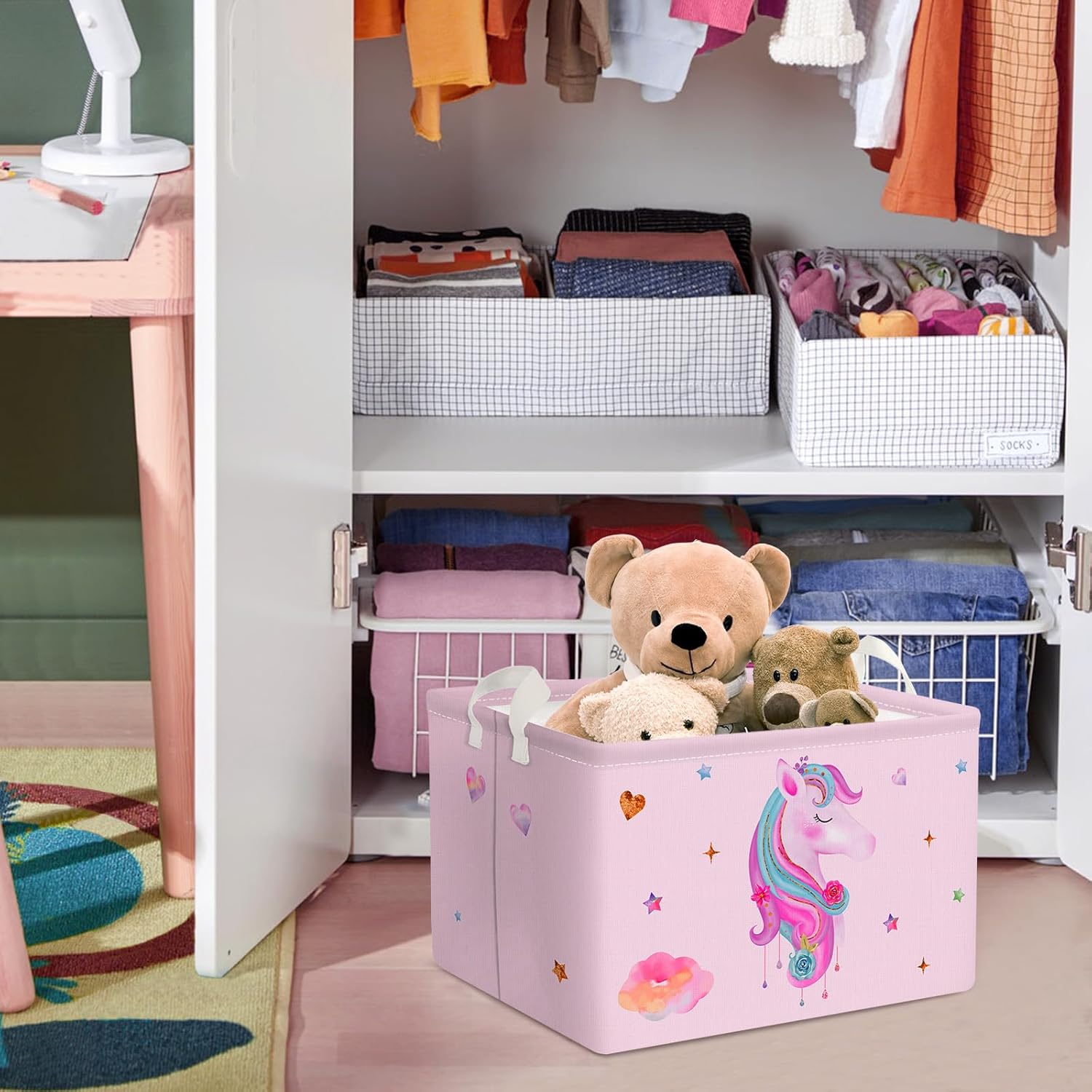 Clastyle Cesta rectangular de unicornio rosa para niñas, con diseño de estrella de nube, corazón, para baby shower, ropa, toalla, libro, juguetes,