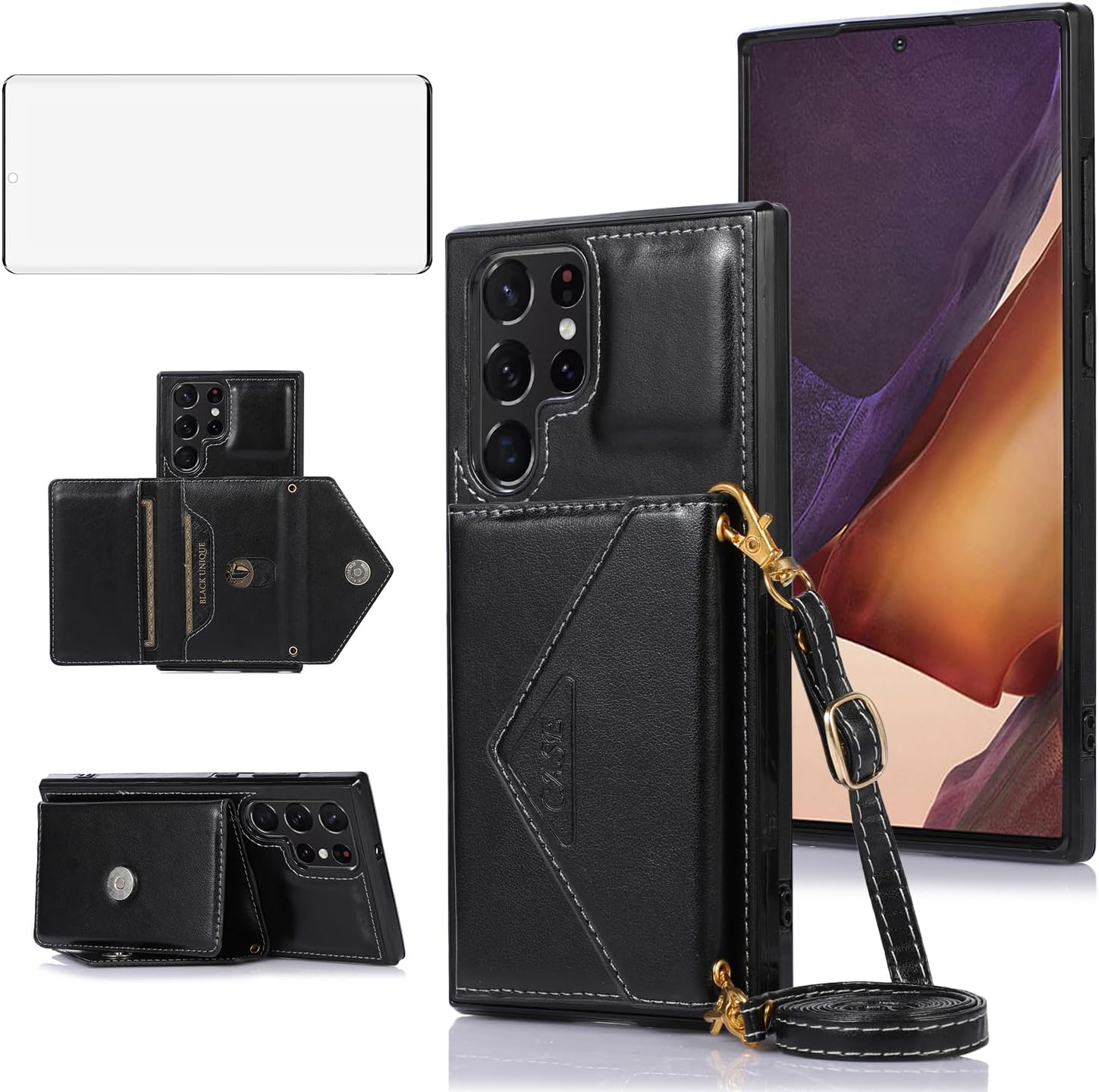 Asuwish Compatible con Samsung Galaxy S22 Ultra 5G – Funda tipo cartera cruzada y protector de pantalla de vidrio templado, soporte para tarjeta de
